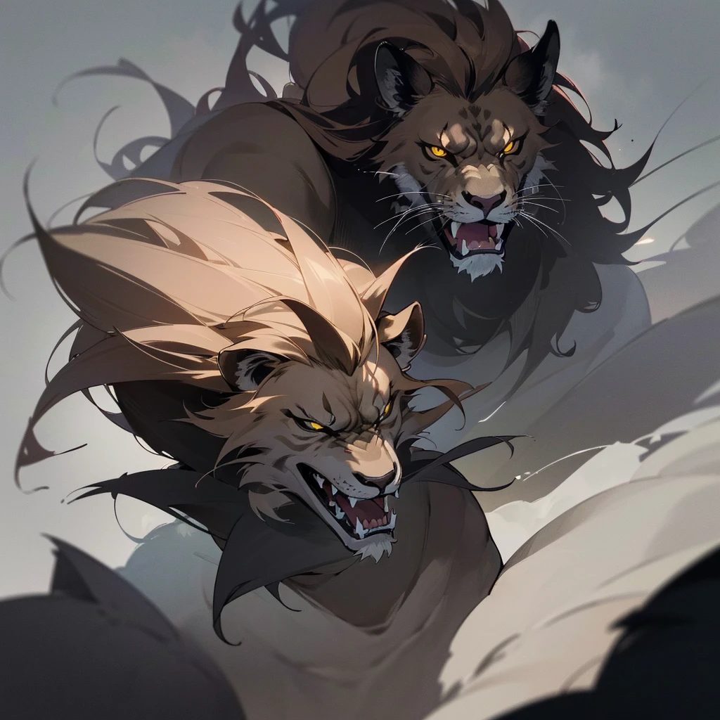 (best quality,4k,8k,highres,masterpiece:1.2),ultra-detailed,(realistic,photorealistic,photo-realistic:1.37),lion monster,goat horns,man-like features,savannah setting,ferocious expression,sharp fangs,beady eyes,bulging muscles,glistening fur,dark and menacing atmosphere,mythical creature,imposing presence,majestic mane,muscular body,impressive size,fierce growl,dark color palette,ominous lighting,hint of smoke,subtle texture,dramatic shadows,majestic pose.