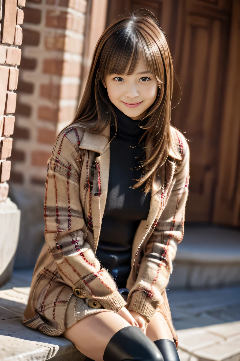 (masutepiece:1.3), (8K), (Best Quality:1.4), (nffsw:1.2), (Photorealistic:1.3), (Raw photography), (1girl in), (ultra high detailed), (Detailed face), Very perfect beautiful and cute face, (detailed hairs), Beautiful hair, Bangs, (Symmetrical eyes:1.3), (Detailed eyes), (Detailed skin), Realistic skin, Shiny skin, Ultra high definition, (medium breasts:0.7, well-shaped breasts), (slim figure), (Supermodel Figures), Gentle smile:1.2, (A very beautiful and cute Japanese girl with a gentle expression), 

( Walking in a light brown wool coat and knee-high boots, Tartan Check Mini Skirt:1.3, Burberry, Burberry's check scarf:1.3, knit hat, Winter ), 
a cute Japanese girl, cute Japanese girls, Cinematic lighting:1.3