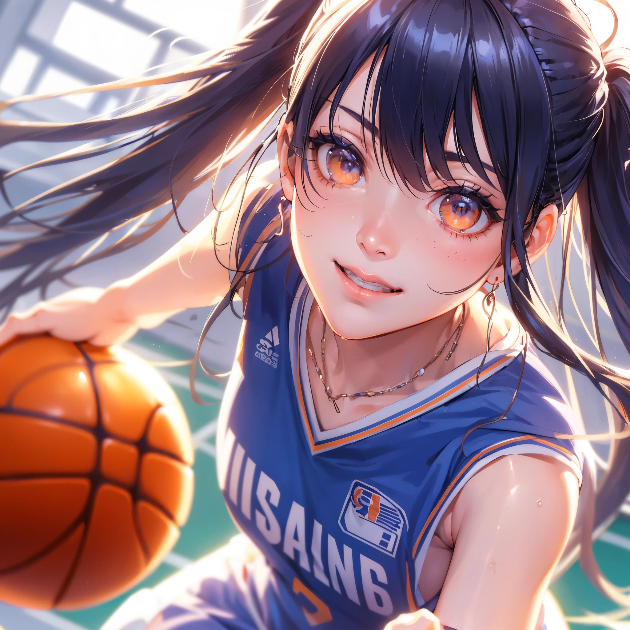 (Best Quality, masutepiece),ultra detailed photographic,1girl in, female basketball athlete ,Large breasts,nice legs,At the basketball venue,Detailed beautiful face,Beautiful eyes,detailed hairs,detailed clothes,Detailed realistic skin,Cool,Dynamic Angle,