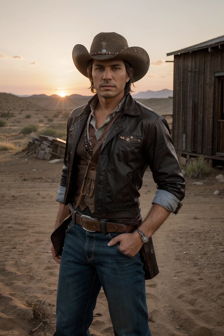 1man, Solo, 25 years old man,cowboy, short black hair, cowboy outfit, with revolver, standing outside, wild west photography, sunset,RAW Photography, 8k, , Masterpiece, Full Body Shooting, Top Quality, Fine Pore, Realistic, Photorealistic, Ultra Detailed