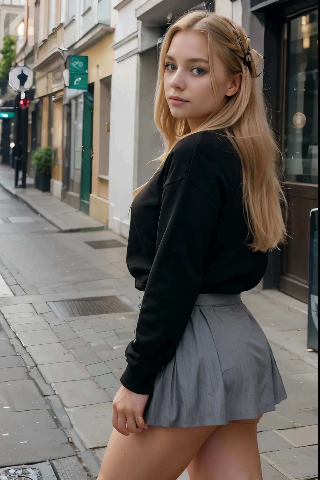 iPhone quality, girl walking in the streets in Vienna, photo from behind, wearing a skirt and a pullover, full body picture, young and cute face, chubby, best quality, Meisterwerk, Realistisches Foto, Komplizierte Details, RAW-Foto, Ultra-detailliert, blondes haar, cute face, Körpchengröße B, blondes Haar, perfekte und blaue Augen, young woman, 20 Jahre alt