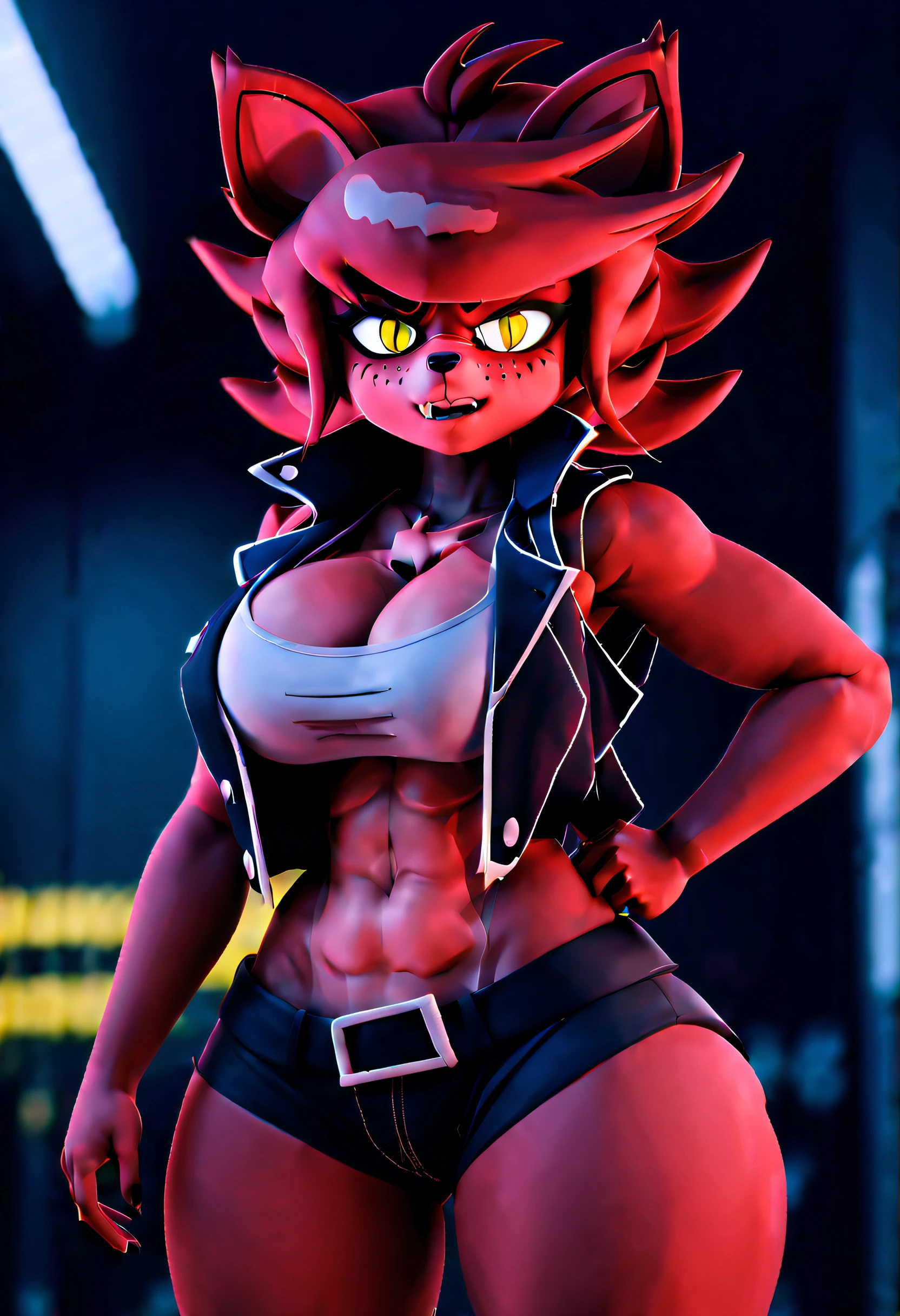 (best quality, masterpiece1.2), 1girl, solo, anthro, cally3d, (fexa), red body, eyepatch, tomboy, shorts, jacket, tank top, toned, muscles, abs, 6 pack, closed mouth, blush, fox ears, yellow eyes, woman, sexy, detailed, predator eyes, extreme detail, perfect lighting, 4k, fangs, wide hips, at the gym,
