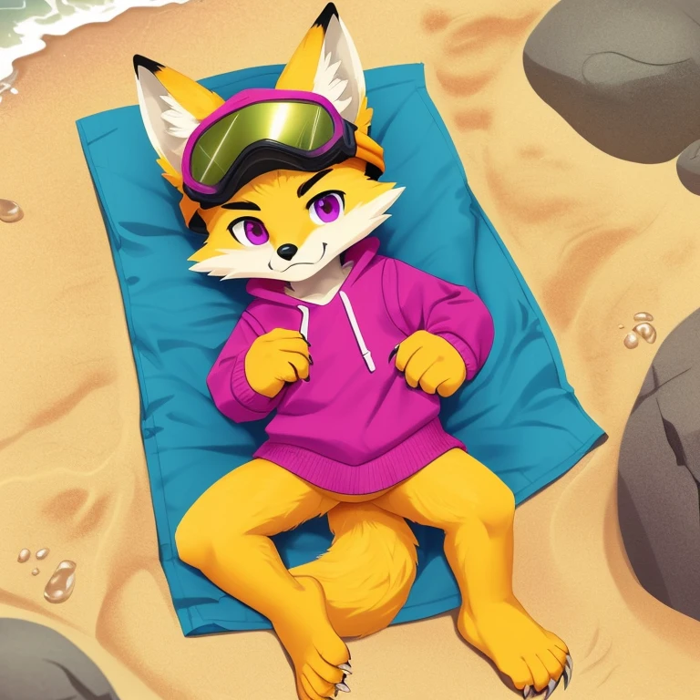 (A character), (fox with yellow fur and white chest), (under muzzle is white), (yellow fur), (white tail tip), (wearing a magenta sweater), (light blue scarf), (yellow jockey hat with orange visor), (orange visor), (magenta eyes), (slim and fit body), (apparently slim but strong appearance), (relaxed expression), (male), (medium height), (solitary), (white eyebrows), (4 toes on his paws), (5 toes on his hands), (magenta eyes), fluffy, (fluffy fur), (goggles), (black crystal goggles), (yellow paws), (background beach), (beach), (rocks in the sand), rocks, (his sweater covers his crotch), (yellow tail with white tips), (his paws and hands are yellow), (black paws), (claws), (golden fur), (golden yellow fur), (black pawpads), kerchief, (lying), (cloudy), (cloudy day), (cloudy day at the beach), (rain), (rain at the beach), (rain at the beach), (yellow cap), (yellow cap with orange visor), young, (white eyebrows), (thick eyebrows), (claws on their toes), (claws on their fingers), (short claws), short, (medium height), (lying down), downpour, solo
