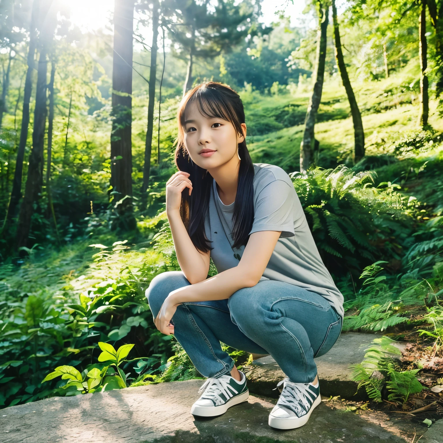 The location is on a small hill, The fresh greenery is beautiful, Surrounded by forests, Time is morning, The morning sun shines on a young woman, Hair in a ponytail、put on a gray shirt、The bottoms are denim、Shoes Sneakers, The face is in shape