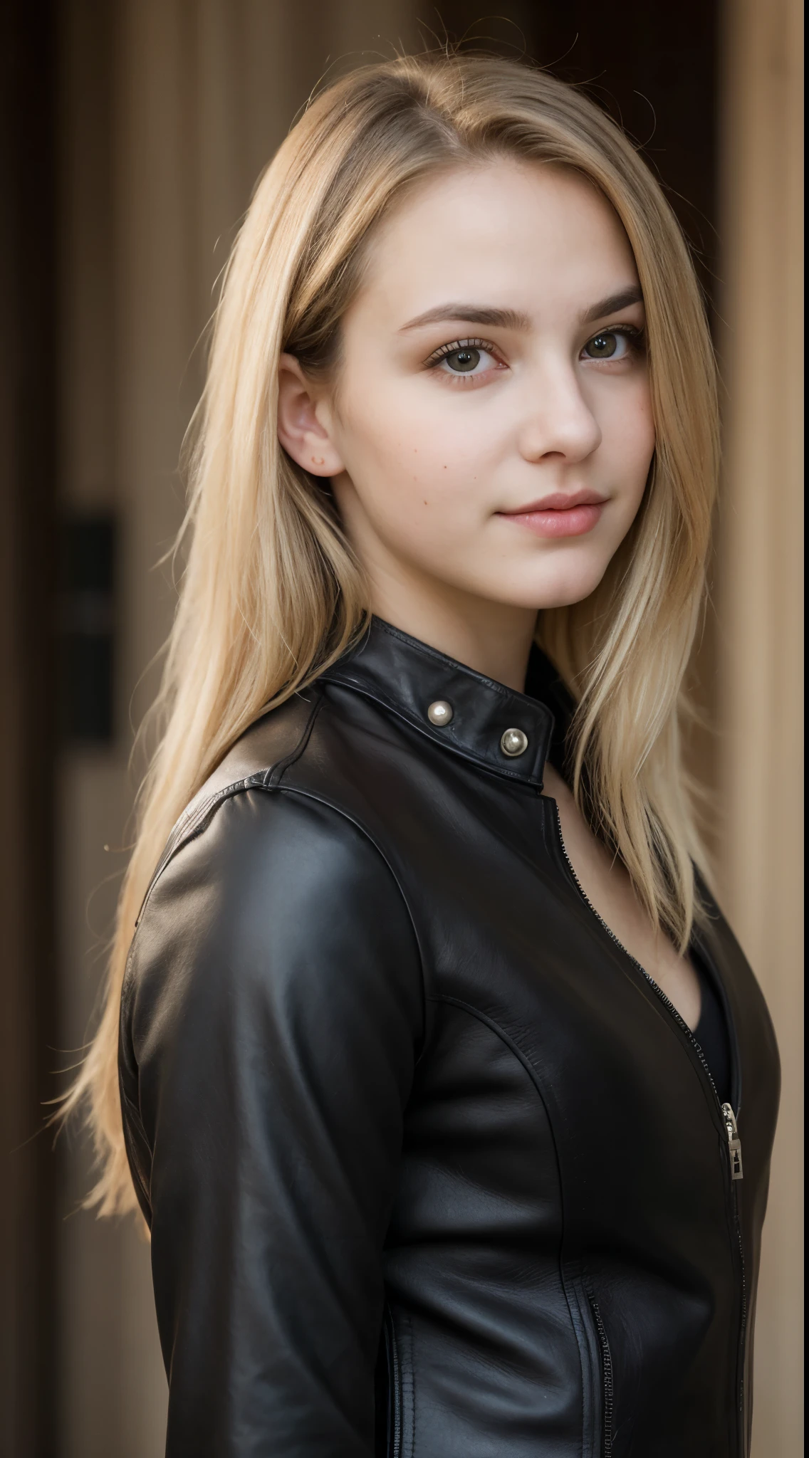(best quality,ultra-detailed,realistic),cute blonde girl,dominance,leather clothes,upper_body,portrait,soft lighting,subtle color tone,expressive eyes,confident expression,long flowing hair,posh attire,high-end aesthetics,attention to detail,subdued background