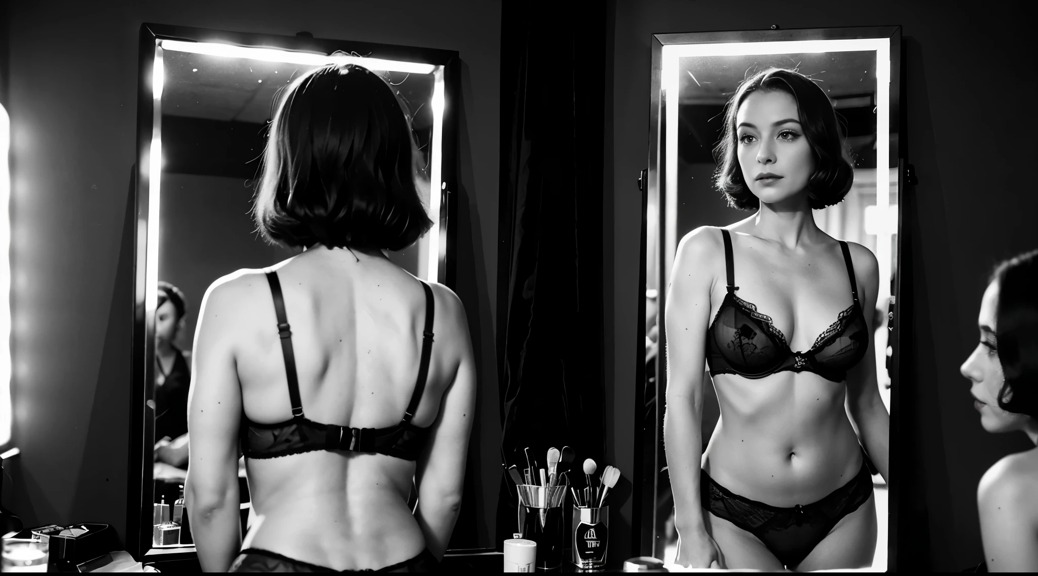 Masterpiece, photorealistic, 1930's Journalism photography, medium shot of a woman wearing black lingerie, looking at herself in the make up mirror, she is reflecting in the mirror, in the backstage of Can Can club