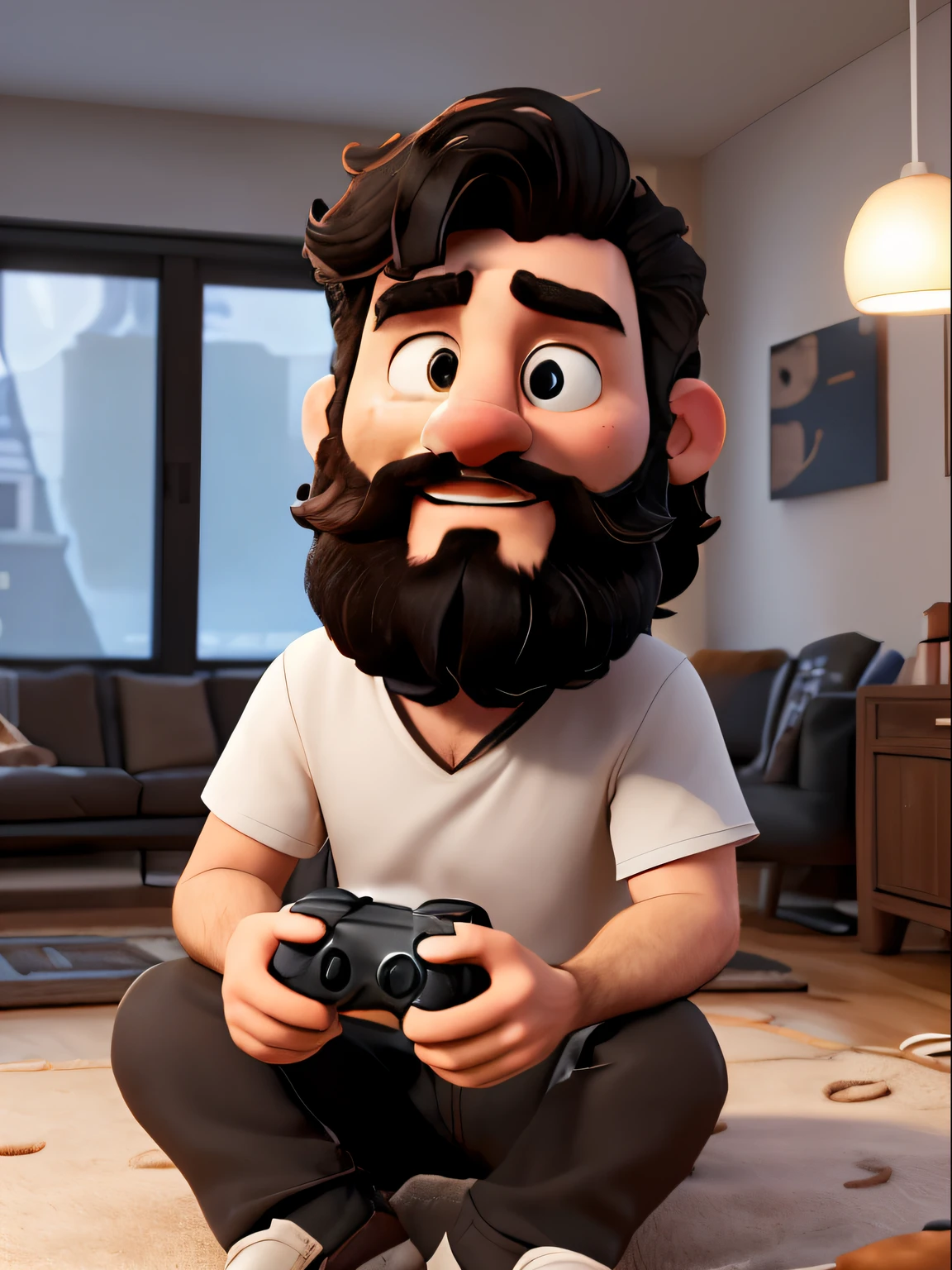 (best quality, real-time lighting),(Man:1.1,Branco,33 anos),(cabelo ondulado preto,comprimento do ombro),(barba),(jogando videogame,controlador de jogo),(na sala de estar:on the sofa),(3 gatos dormindo)