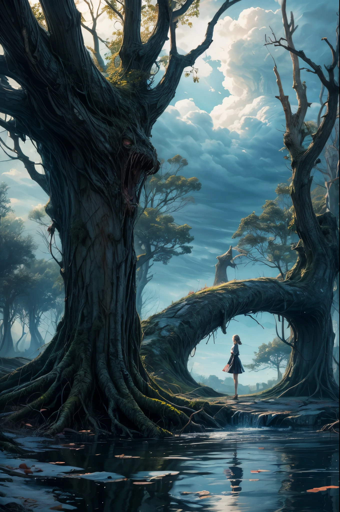 ((Enchanting)) pond setting, girl in a serene kneel, ((dynamic cloudscape)), ((twisted gnarly tree trunk)), ((soft natural lighting)), digital art, ((vivid color palette)), best quality