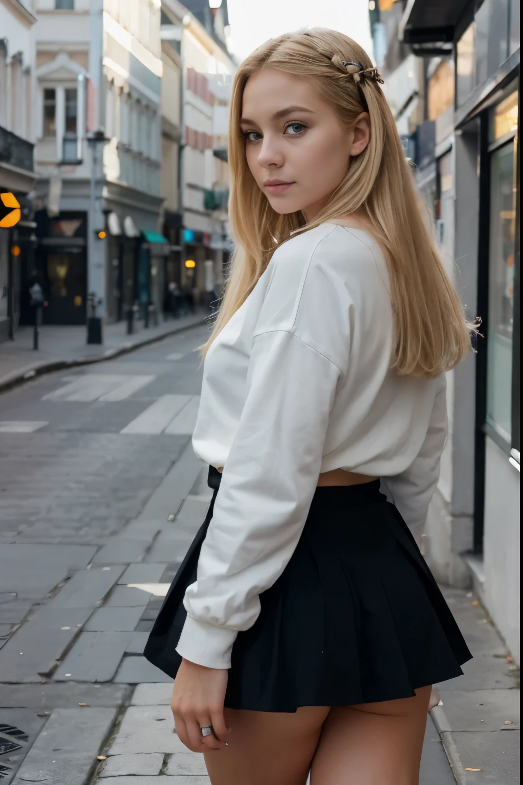 beautiful european girl with blue eyes and blonde hair, wearing a white skirt and a dark blue top, posing, out on the streets, ultra high resolution, (photorealistic: 1.4), high resolution ,( blue eyes), (finely detailed skin), (perfectly proportions) (photos realistic) (masterpiece) (photorealistic), ultrarealistic (Best Quality) (Detailed) photographed in a Canon EOS R5, 50mm Lens, F/2.8, (8K) (Wallpaper) (Cinematic lighting) (Dramatic Lighting) (Convoluted) Fashion