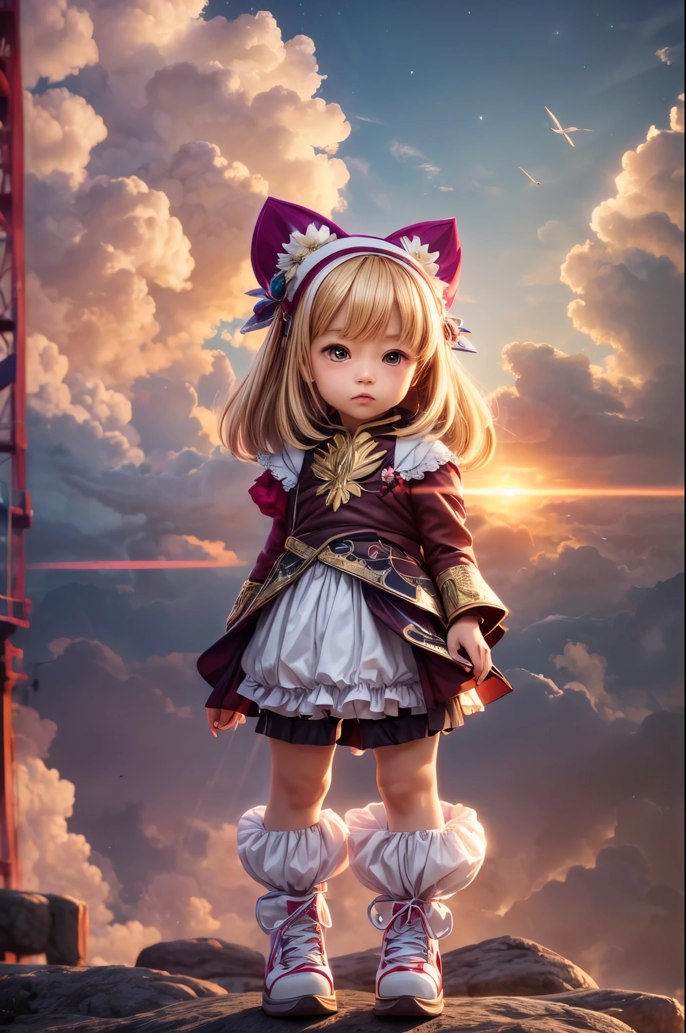 "((Kawaii)) Gijinka representation of ((PlayStation 5)), dreamy cloudscape, ((golden hour lighting)), ((surreal aura)), ((whimsical costume)), professional photography, high resolution, best quality