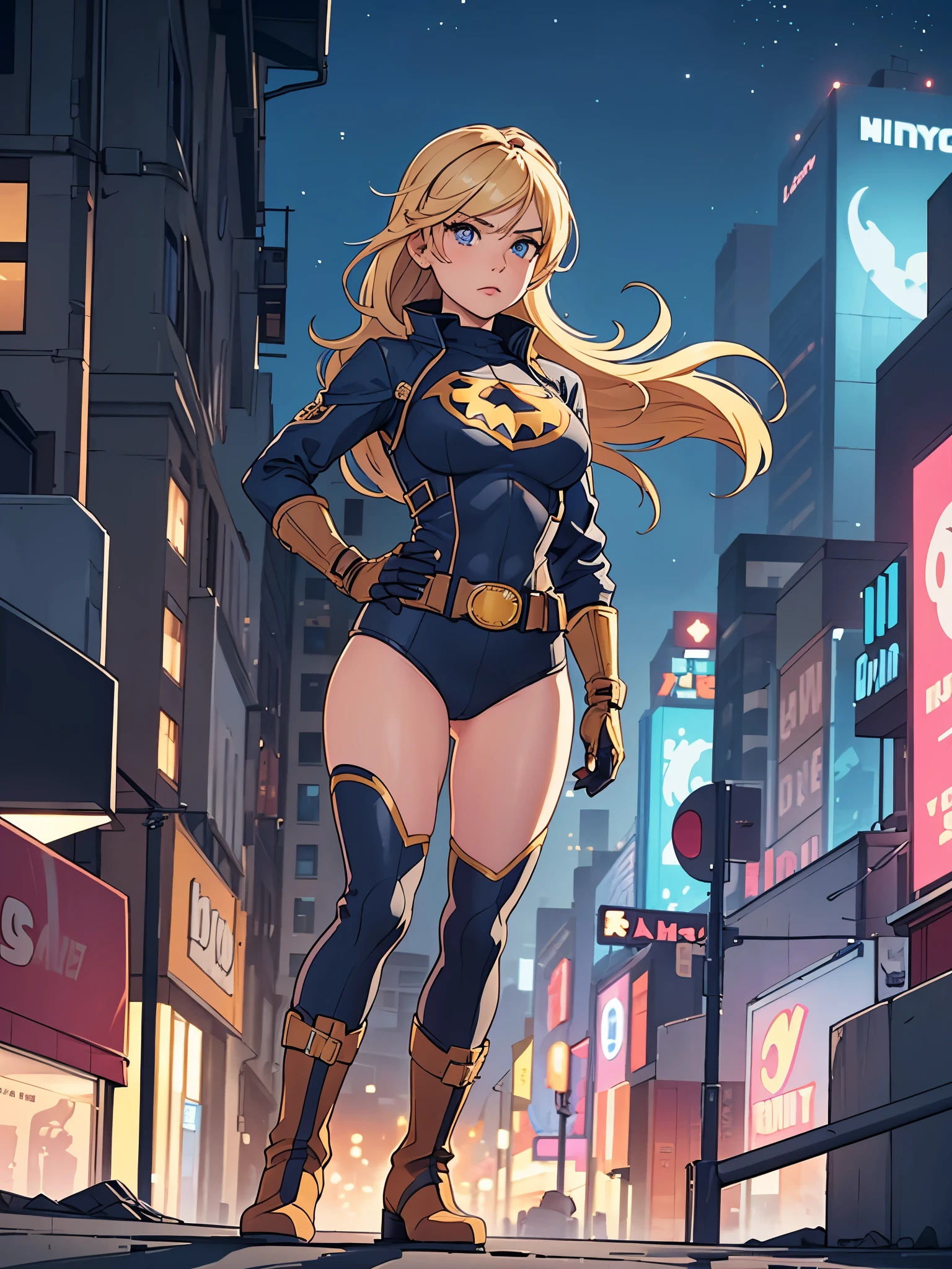 1girl, medium breasts, leotard, bare legs, tight belt, boots, matching boots, gloves, city backdrop, solo, single, hands on hip, standing, full body shot, cowboy shot, superhero, beautiful detailed eyes, mature lady, star symbol on chest, blonde hair, high leg leotard