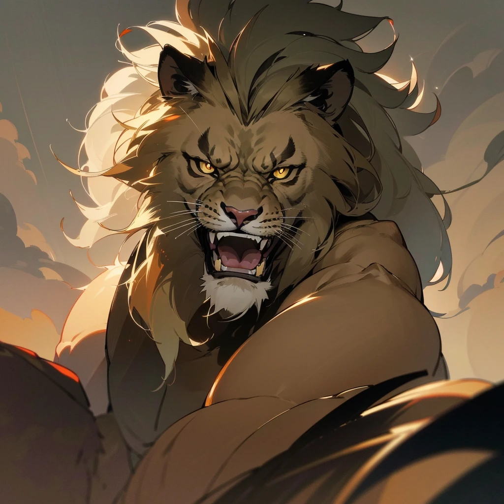 (best quality,4k,8k,highres,masterpiece:1.2),ultra-detailed,(realistic,photorealistic,photo-realistic:1.37),lion monster,goat horns,man-like features,savannah setting,ferocious expression,sharp fangs,beady eyes,bulging muscles,glistening fur,dark and menacing atmosphere,mythical creature,imposing presence,majestic mane,muscular body,impressive size,fierce growl,dark color palette,ominous lighting,hint of smoke,subtle texture,dramatic shadows,majestic pose, full body covered in fur but muscles are visible, fluffy, fierce male lion, snarl, smirk, tail, half lion half human, savannah, savannah background, Savannah setting,  portrait, one character,