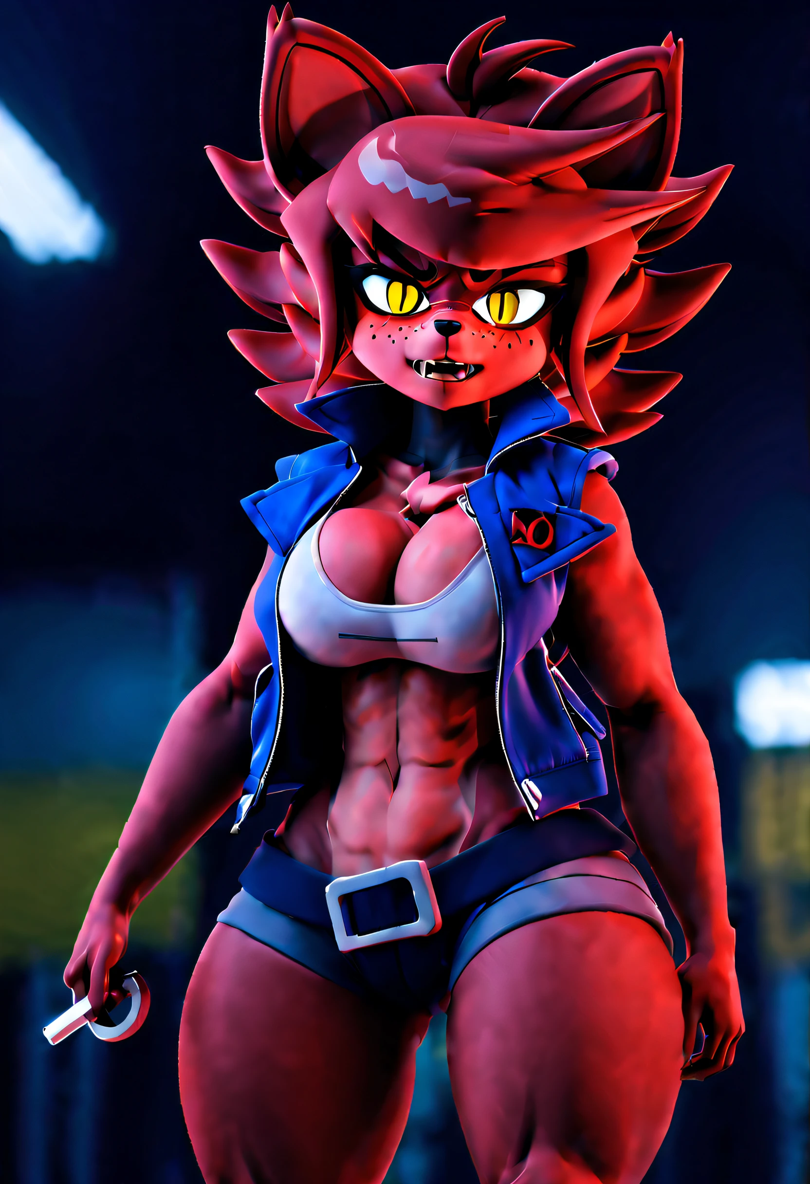 (best quality, masterpiece1.2), 1girl, solo, anthro, cally3d, (fexa), red body, eyepatch, tomboy, shorts, jacket, tank top, toned, muscles, abs, 6 pack, closed mouth, blush, fox ears, yellow eyes, woman, sexy, detailed, predator eyes, extreme detail, perfect lighting, 4k, fangs, wide hips, at the gym,