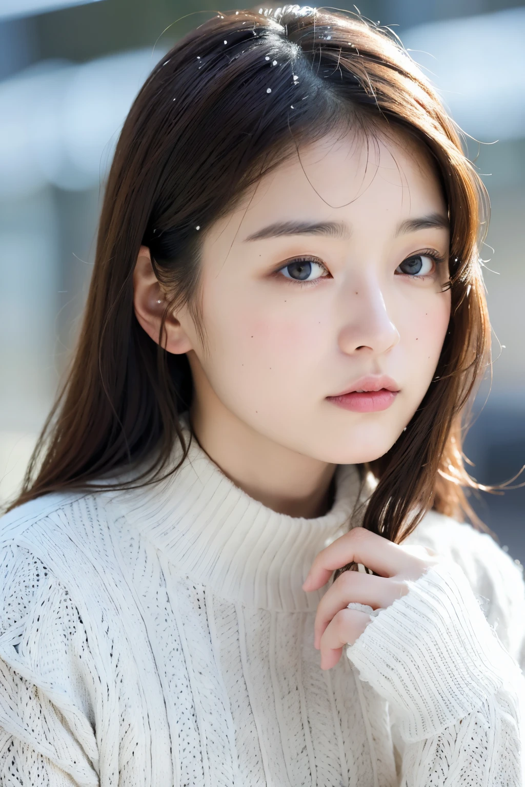 masterpiece, highest quality, 8k, 20th generation, Big Breasts, cute, alone, sad, cute, Girlish, cute、Delicate girl, Pure beauty, RAW Photos, Professional photography, Portraiture, Soft Light, Professional Lighting, Backlight, Head to knee photo, avert your eyes, Sophisticated, Film Grain, (Round face、Young Face、Thin eyebrows、Thin lips:1.0), Floating Hair, beautiful, Flowing hair, bangs, White blouse、pastel cardigan、(Big Breasts:1.2)、You can see the chest a little、Micro Mini Skirt、Voluptuous thighs、dolly make、Heterochromia iridis、Left and right eyes are different colors、Midsummer sky、Cumulonimbuidsummer Beach