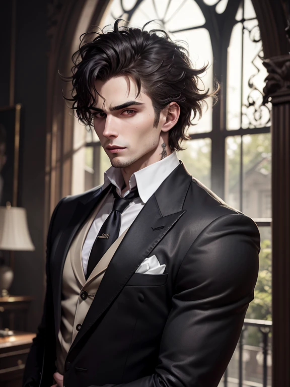 A beautiful vampire with messy hair, corpo masculino definido, rosto detalhado, brincos, posing for a photo in a gloomy mansion