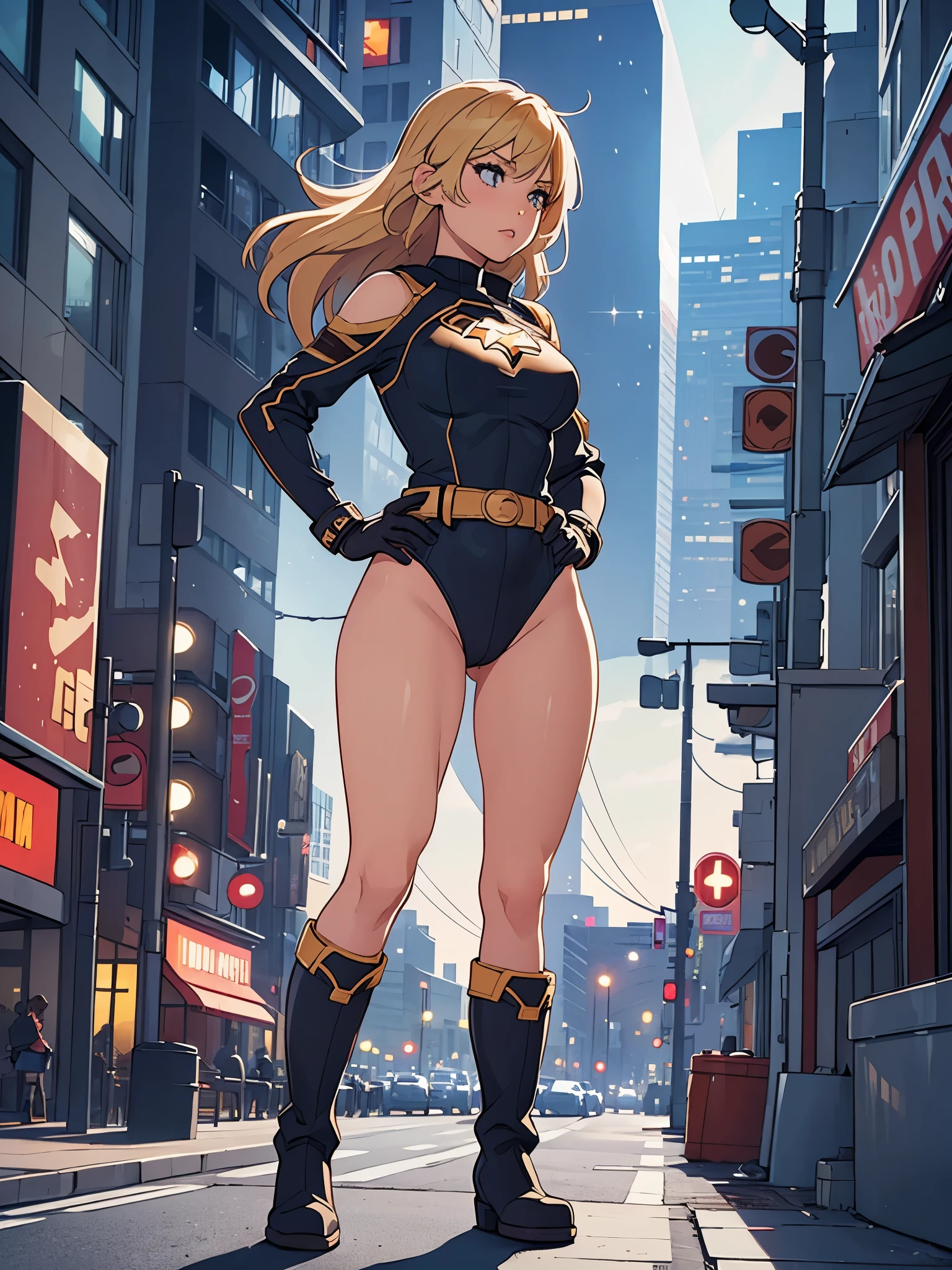 1girl, medium breasts, leotard, bare legs, tight belt, boots, matching boots, gloves, city backdrop, solo, single, hands on hip, standing, full body shot, cowboy shot, superhero, beautiful detailed eyes, mature lady, star symbol on chest, blonde hair, high leg leotard
