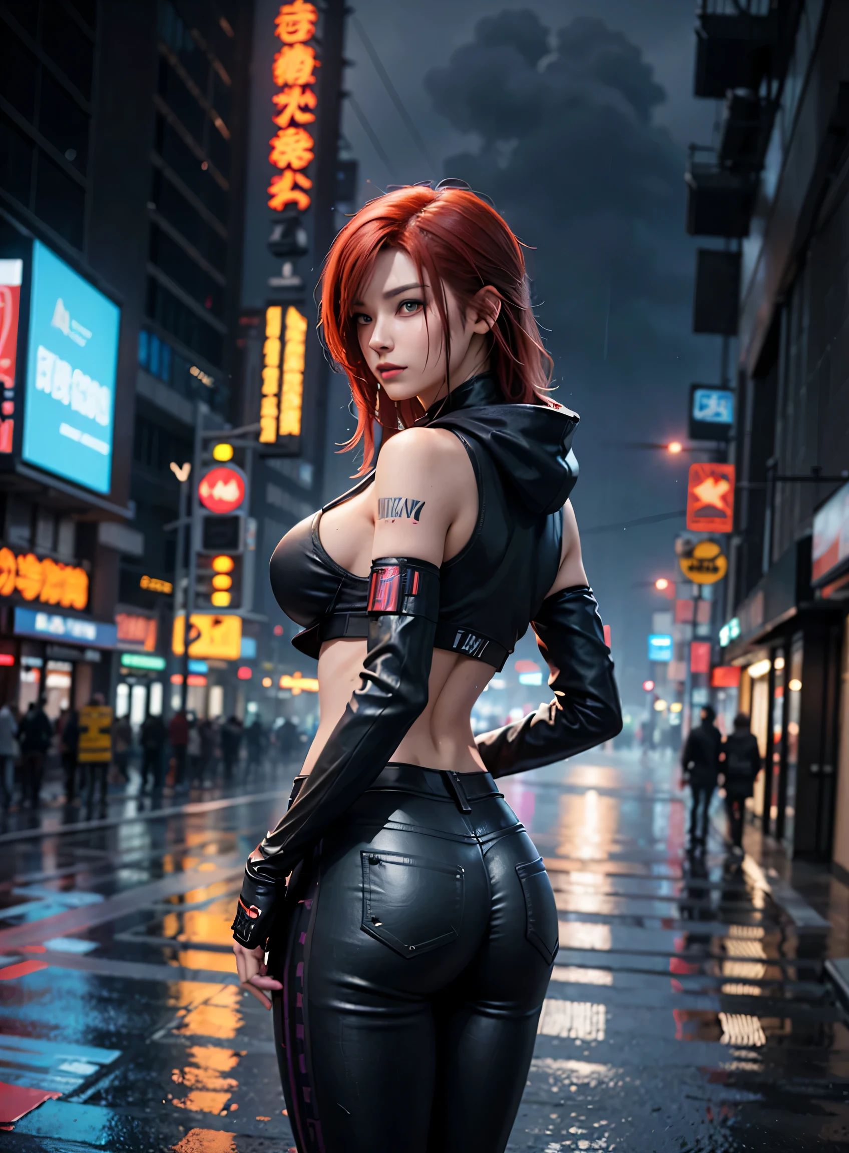 sfw, best quality, masterpiece, cinematic, realistic, cyberpunk, cyberpunk city, neon, volumetric lighting, black sky, (raining, thunderstorm), 1girl, (cyberpunk clothing, hoodie, pants, punk clothelowing red hair), water reflecting off ground, from behind, ((hidden face)),, wearing bra,((skinny waist)), young asian girl, ((big boobs)),