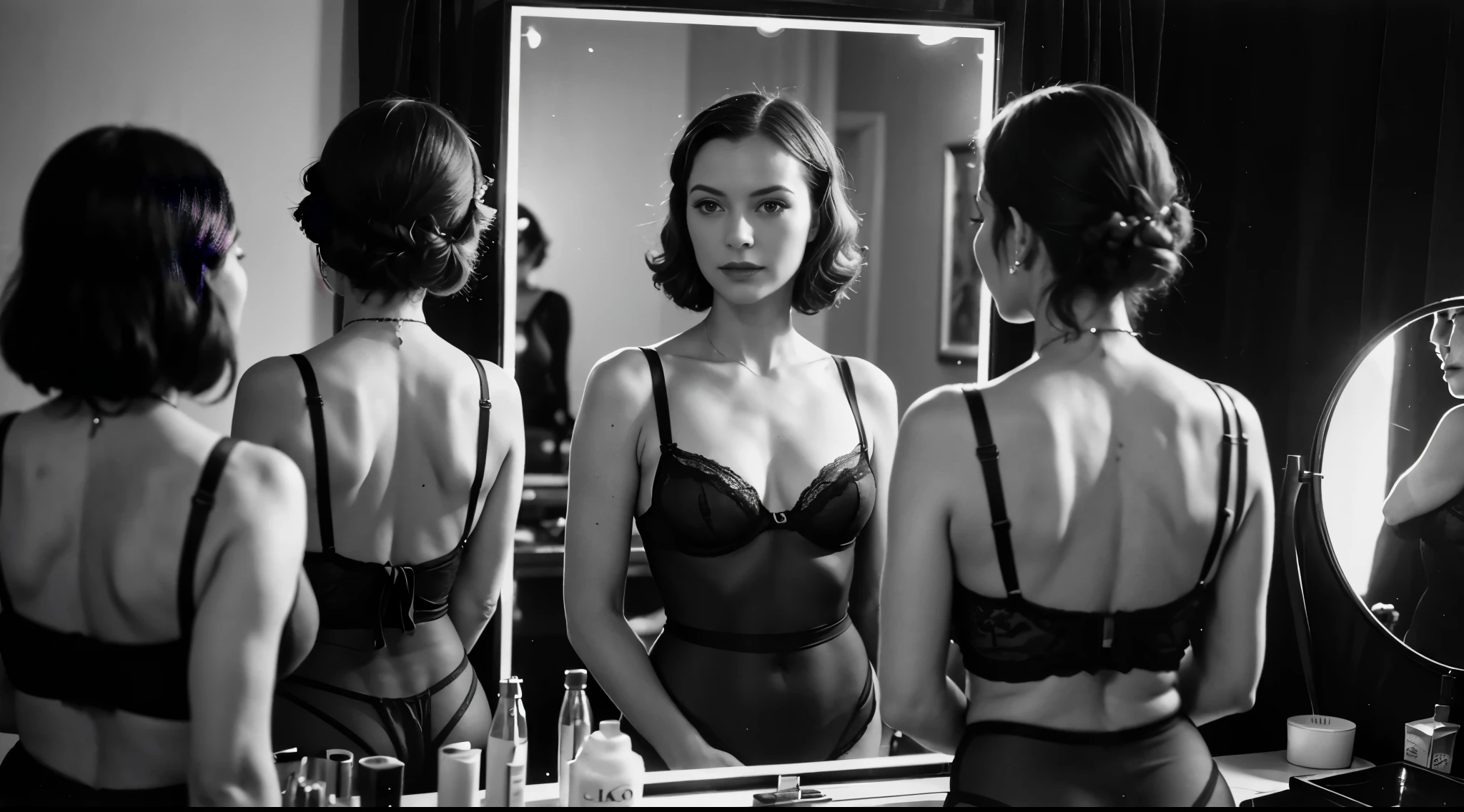 Masterpiece, photorealistic, 1930's Journalism photography, medium shot of a woman wearing black lingerie, looking at herself in the make up mirror, she is reflecting in the mirror, in the backstage of Can Can club