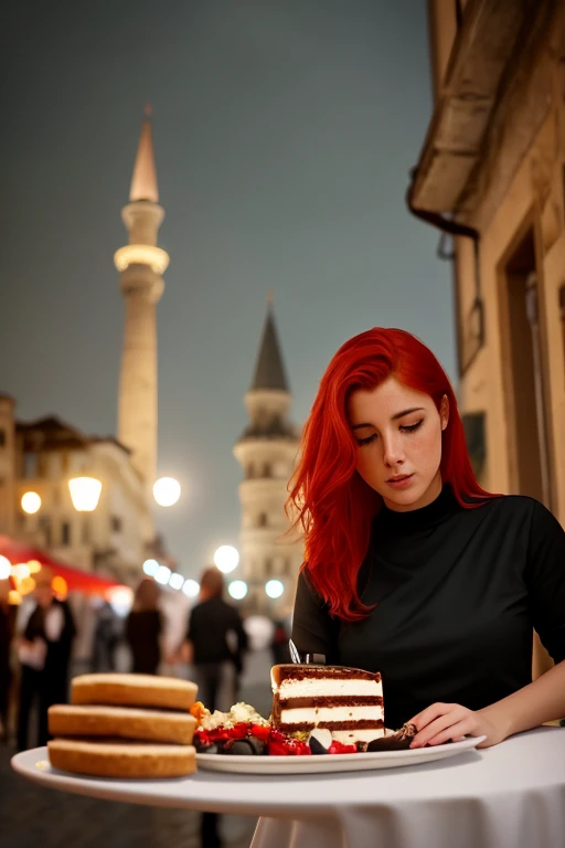 dressing black shirt, red hair, in istanbul front of the galata tower , eating san sebastian cheescake (best quality) (detailed) (8k) (HDR) (cinematic lighting) (sharp focus) (intricate) (realistic)
