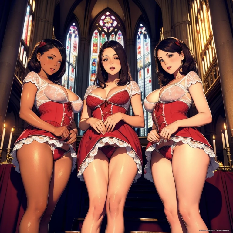 multitple thick body females in cathedral all females wearing long floral yellow dress uniformly, (females open dress middle show full red lace pattern panties under dress), nsfw, brightly lit altar can be seen from far