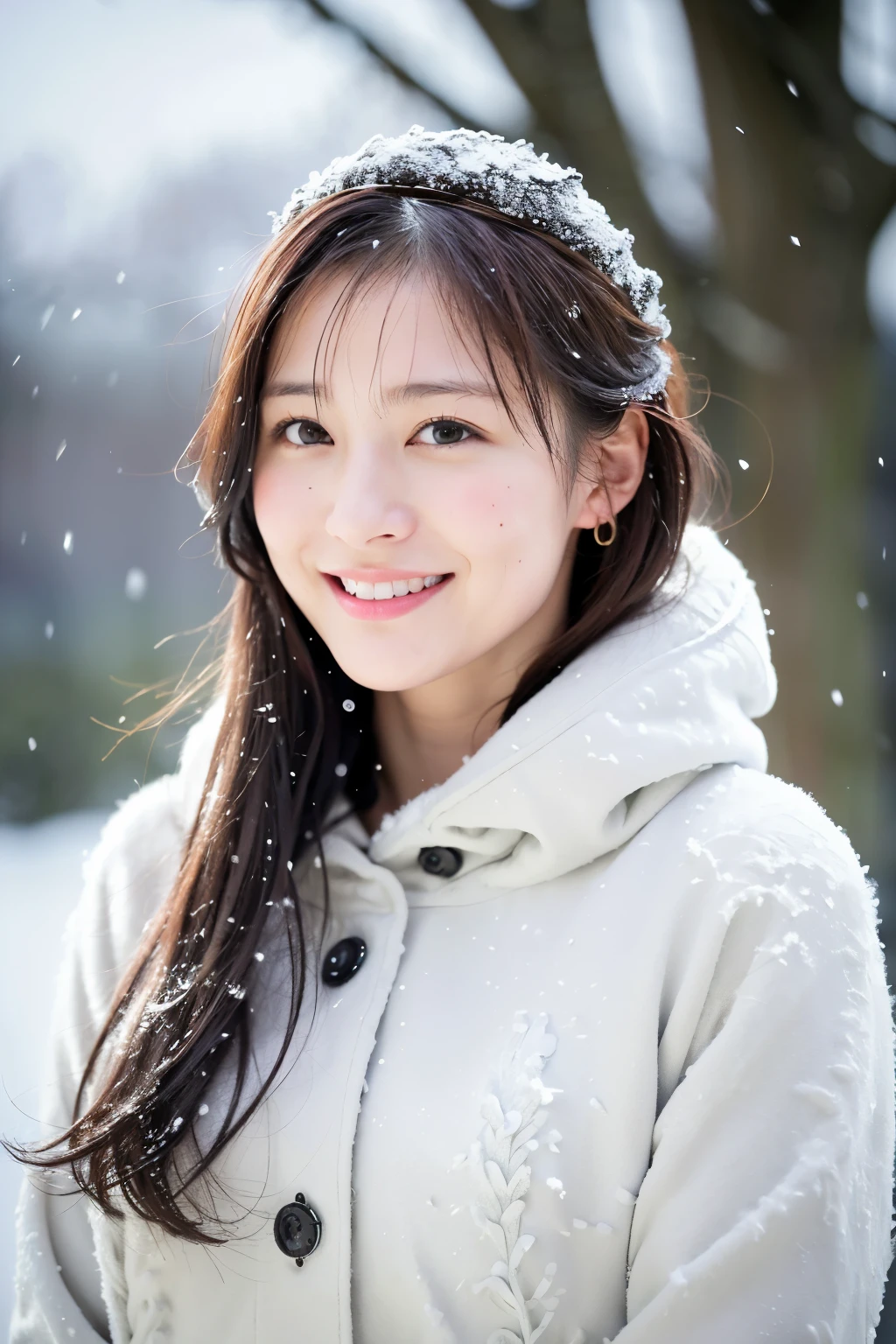 (8K、top-quality、masutepiece、超A high resolution:1.2) (Paul Rubens and Rebecca Guay's style:1.1) (Gloomy winter snow:1.4) Photos of beautiful Japan women、pink clothing、Smiling、