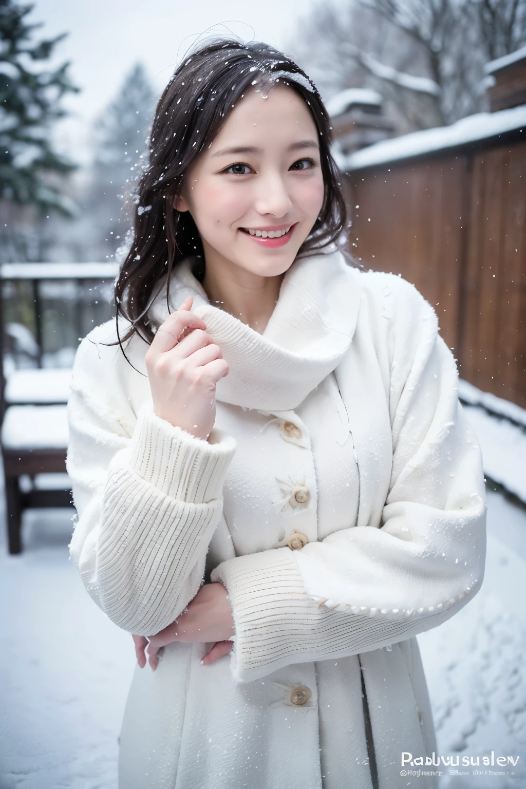 (8K、top-quality、masutepiece、超A high resolution:1.2) (Paul Rubens and Rebecca Guay's style:1.1) (Gloomy winter snow:1.4) Photos of beautiful Japan women、pink clothing、Smiling、