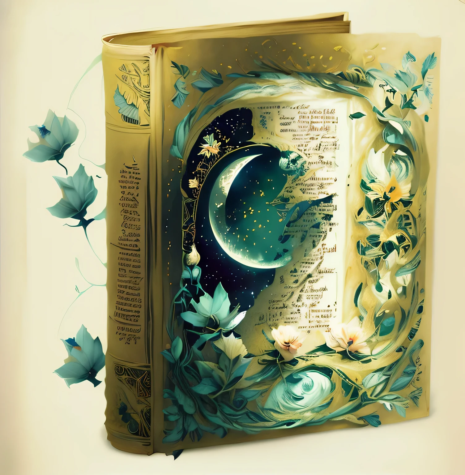 there is a book with a picture of a moon and flowers, livro de fantasia, detailed book illustration, A Arte dos Livros, storybook art, livro de fantasia illustration, magic book, fantasia. intrincado, Directed by: Maria Bashkirtseff, inspired Directed by: Alison Kinnaird, romantic storybook fantasy, Directed by: Alison Kinnaird, beautiful composition, livro de arte, story book design