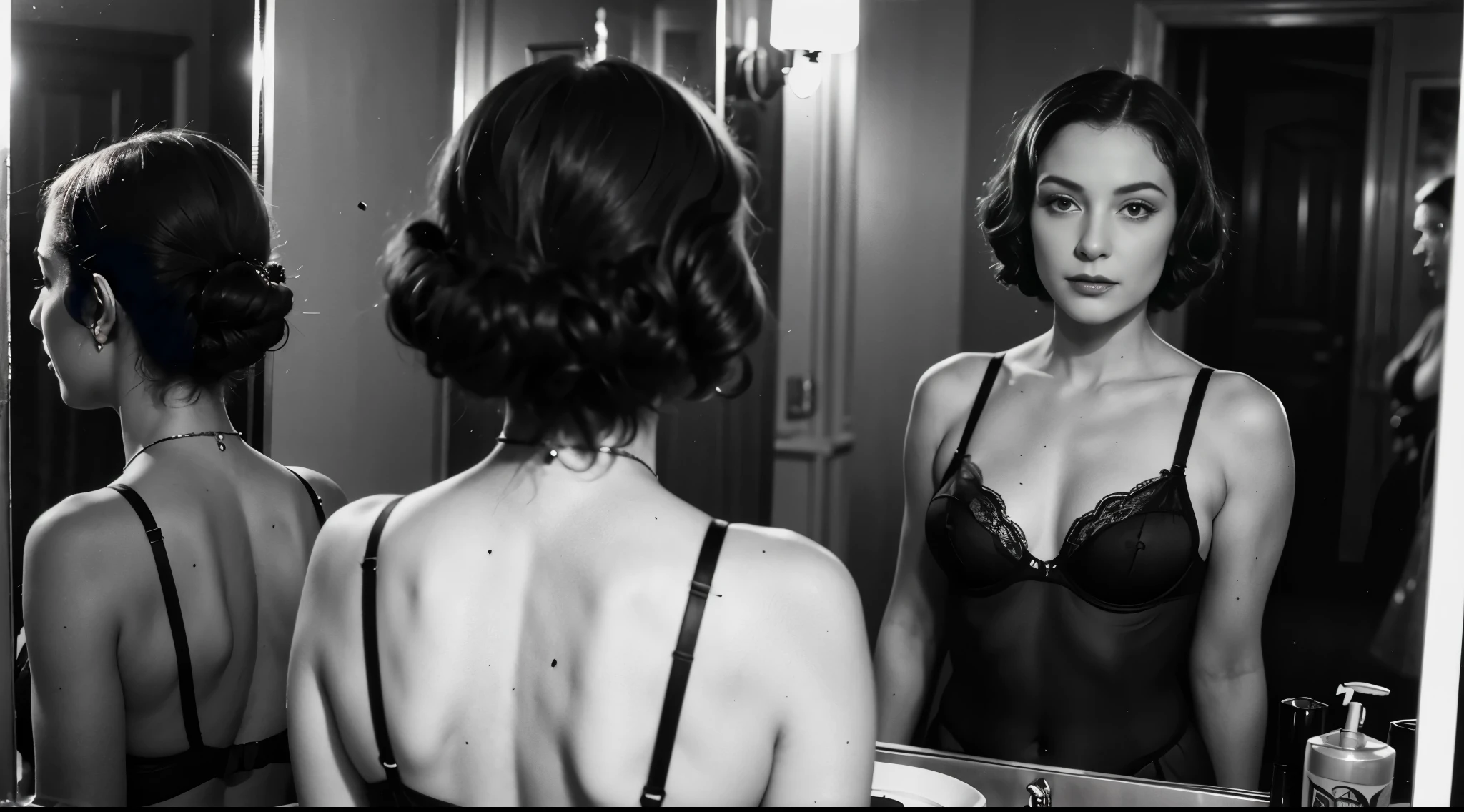 Masterpiece, photorealistic, 1930's Journalism photography, medium shot of a woman wearing black lingerie, looking at herself in the make up mirror, she is reflecting in the mirror, in the backstage of Can Can club