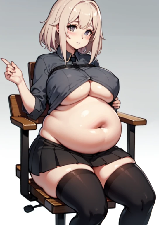(masterpiece, best quality), 1girls, big belly, blurry background, huge belly, art by kipteitei, round belly, chubby, curvy, white button-up shirt, skirt, thighhighs, simple_background, gradient_background, belly bursting out of shirt, belly grab, enormous belly, fat belly, thicc, bigger belly, sitting on chair, really big belly, jiggly belly, shirt covering belly, belly cover by shirt