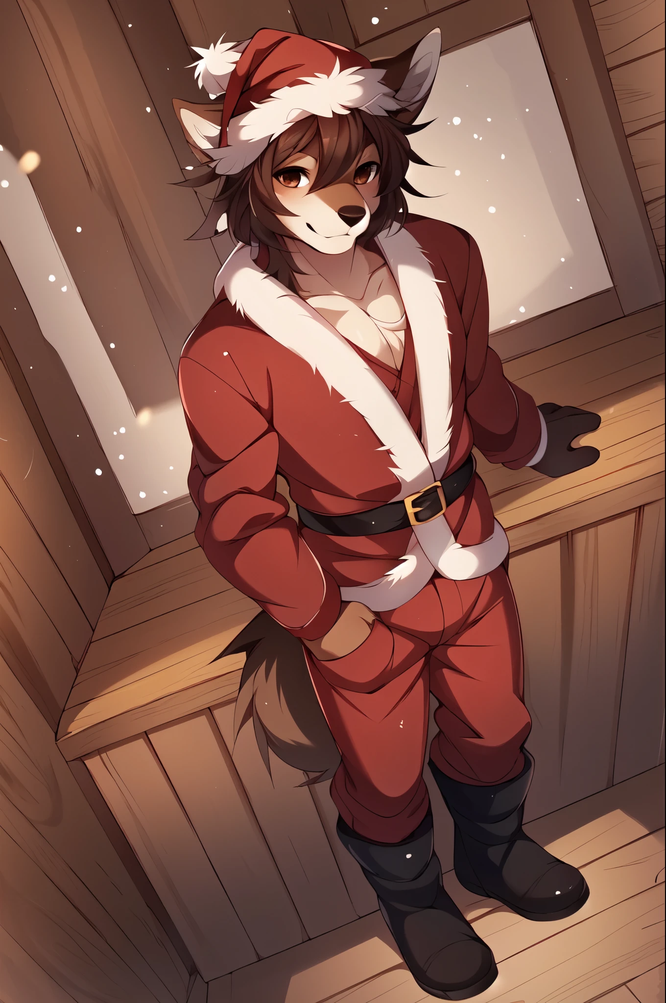((best quality)), ((detailed shading)), illustration, by zackary911, by fluff-kevlar, Boy, small, ((twink)), fluffy black fur, jackal, anthro, arms tied behind back with red ribbon, slender, christmas, red ribbon covering rear, laying down, flaccid, furry testicles, tummy, furry tail, nervous smile, looking up, legs tied with red ribbon, ((sheath)), precum,