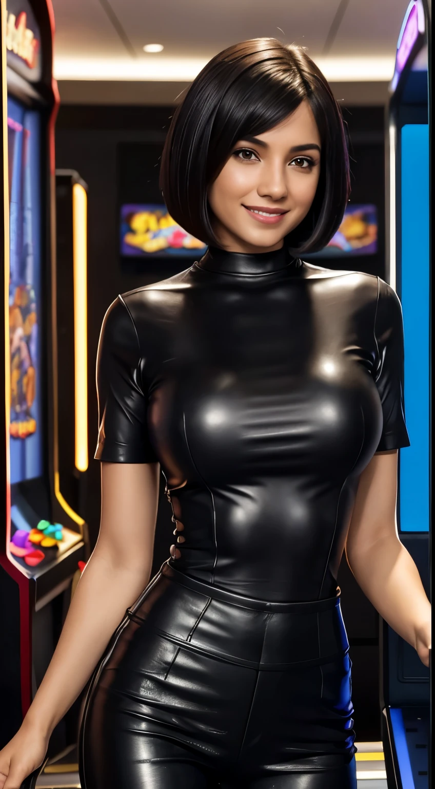 Isabela Merced, tight shirt, black leather pants, smiling, big breasts, bob cut hair, playing an arcade, (skin texture:1.1), (high detail face:1.1), high detail body, high detail clotheasterpiece), (realistic), ultra high definition, 4k, ultra high resolution