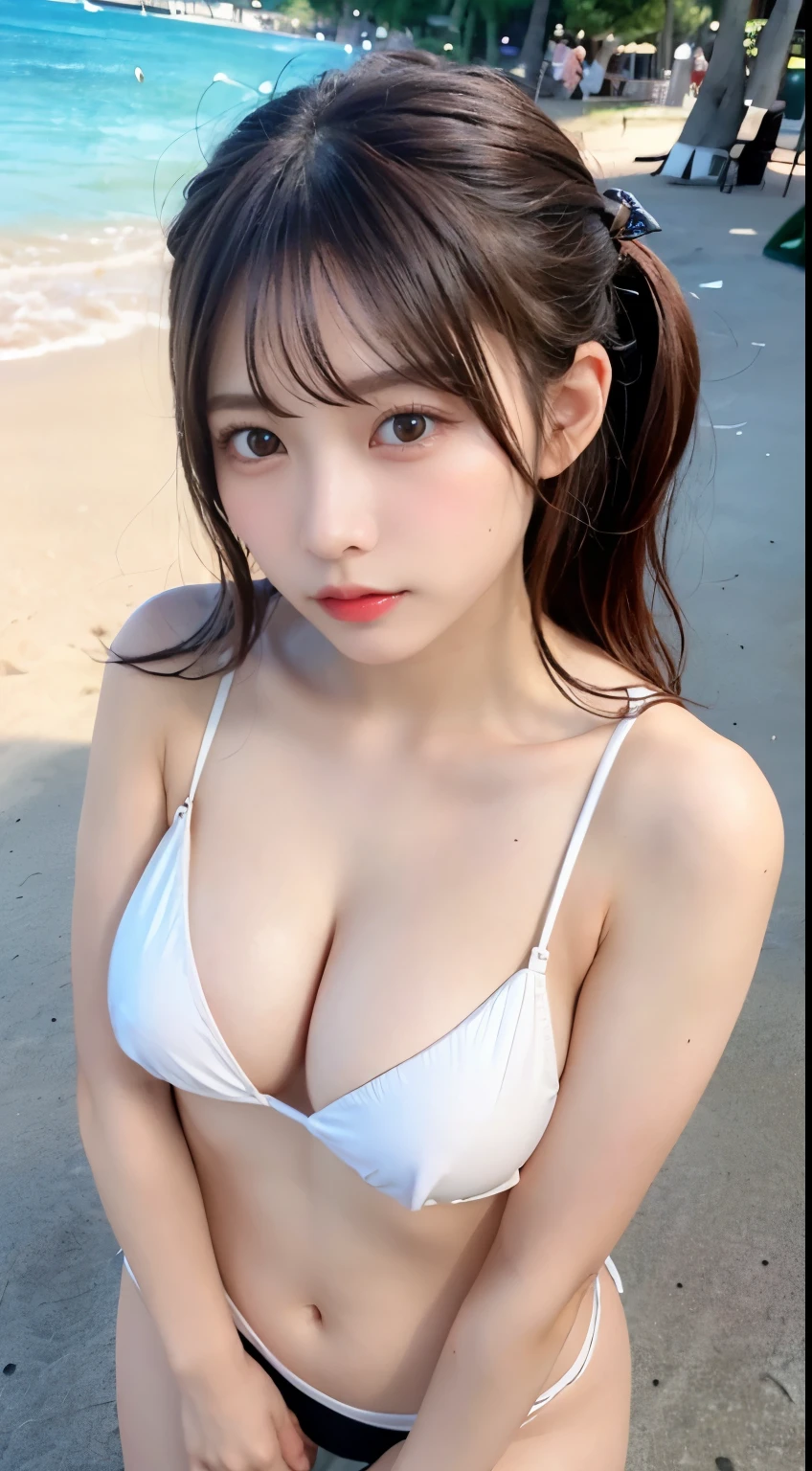 (masutepiece:1.3), High resolution, ultra-detailliert, the Extremely Detailed CG Unity 8K Wallpapers, Realistic, photo-Realistic, Raw photo, beautifull detailed face, pale skin, Realistic glistening skin, Detailed Cloth Texture, detailed hair texture, Perfect body, Beautiful face, 准确, Anatomically correct, Highly detailed face and skin texture, Natural neck length, (beautiful hand air skin:1.2), thin legs, Thin feet,
BREAK,
Detailed eyes, symmetrical eye, Light brown eyes, Double eyelids, Thin eyebrows, (Glossy lips:1.4), ((Sexy face:1.3)), (blush:1.1),
BREAK,
(a very pretty girl:1.3), (Wearing a random colored micro bikini:1.2),
medium large thorax, nice shaped breasts, Slender figure:1.1), Firm abs,
(dark brown hair, Wavy Hair, Medium Long Hair:1.2), ((asymmetrical bangs:1.2)), (Nipples visible through thin fabric:1.2),
BREAK,
((Stand in a seductive pose with your chest sticking out:1.2)),
((At Waikiki Beach, Hawaii:1.2)), (Cowboy Shot:1.2), Looking at Viewer, Distance from bottom,