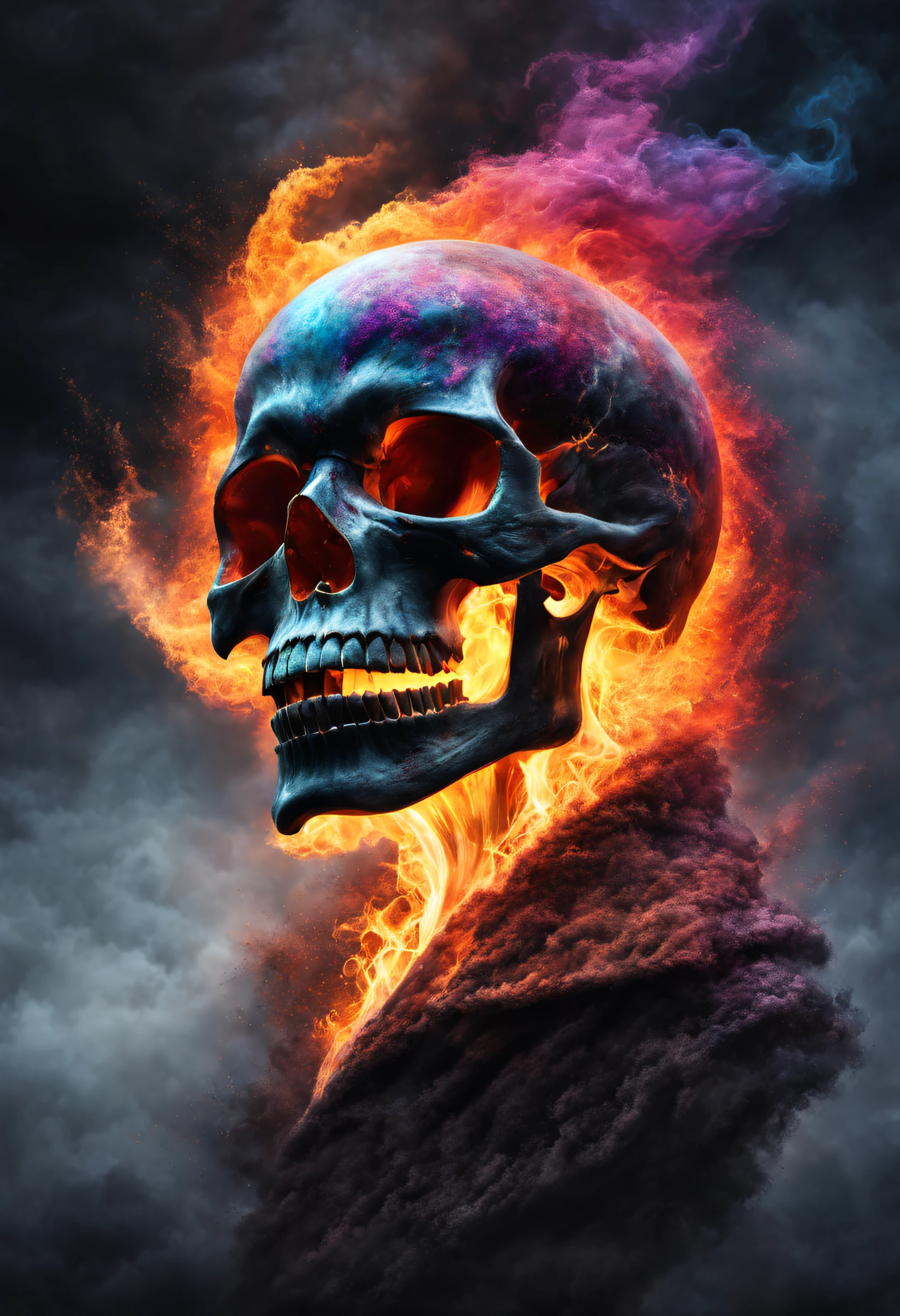 A realy beautiful, realistic and magestic darkness fired skull with a coat made of a magnificent colored and fire wind storm, It's textured and beautiful with lot of multicolored flying dust and wather droped