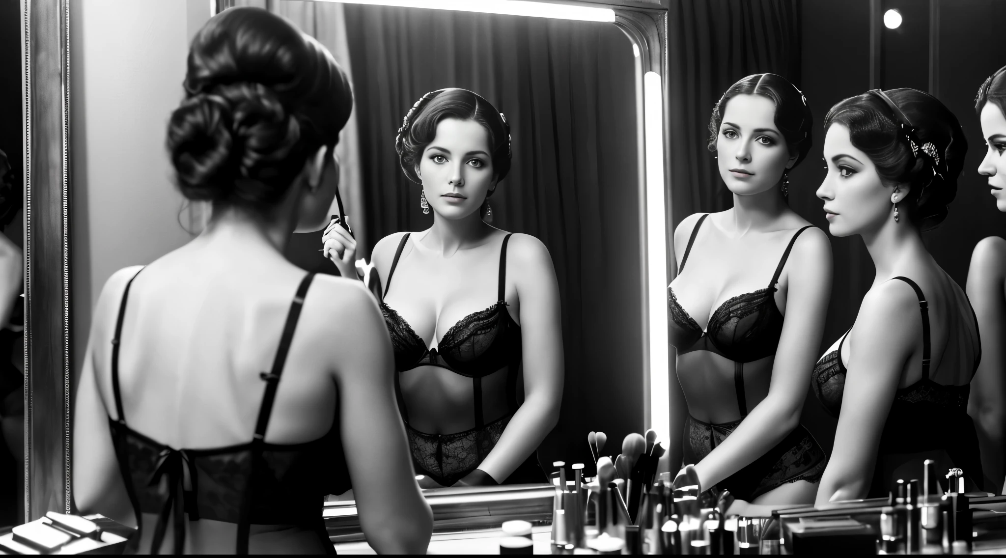 Masterpiece, photorealistic, 1930's Journalism photography, medium shot of a woman wearing black lingerie, looking at herself in the make up mirror, she is reflecting in the mirror, in the backstage of Can Can club