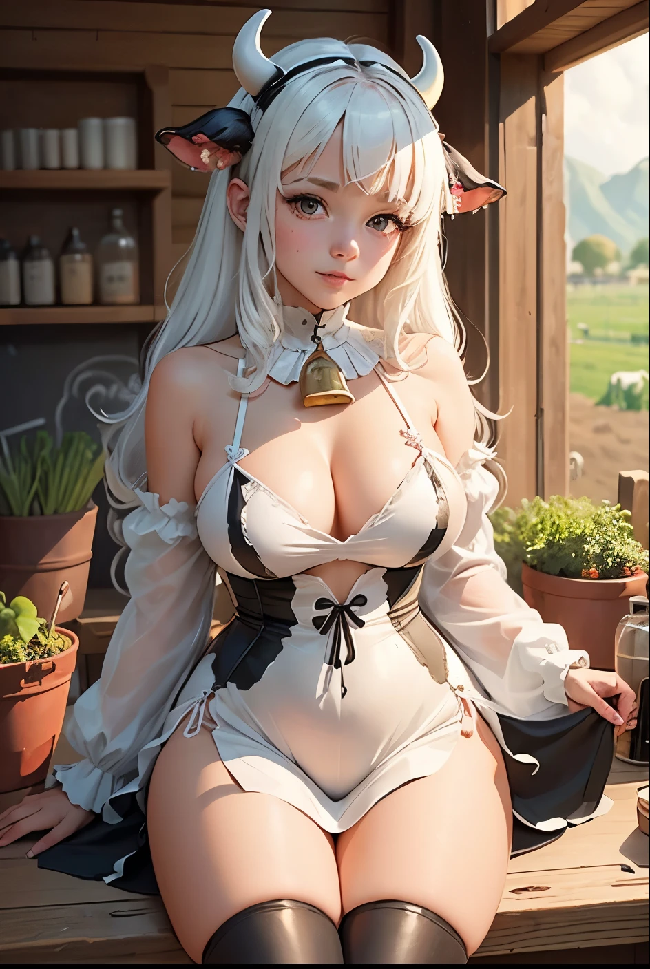cute girl,Cow, girl dressed as a cow, White hair, bell, Cow horns, cow ears, cow tail, bell, Draw hands better, Herbs and vegetables in the background, cows in the background, Like a cow