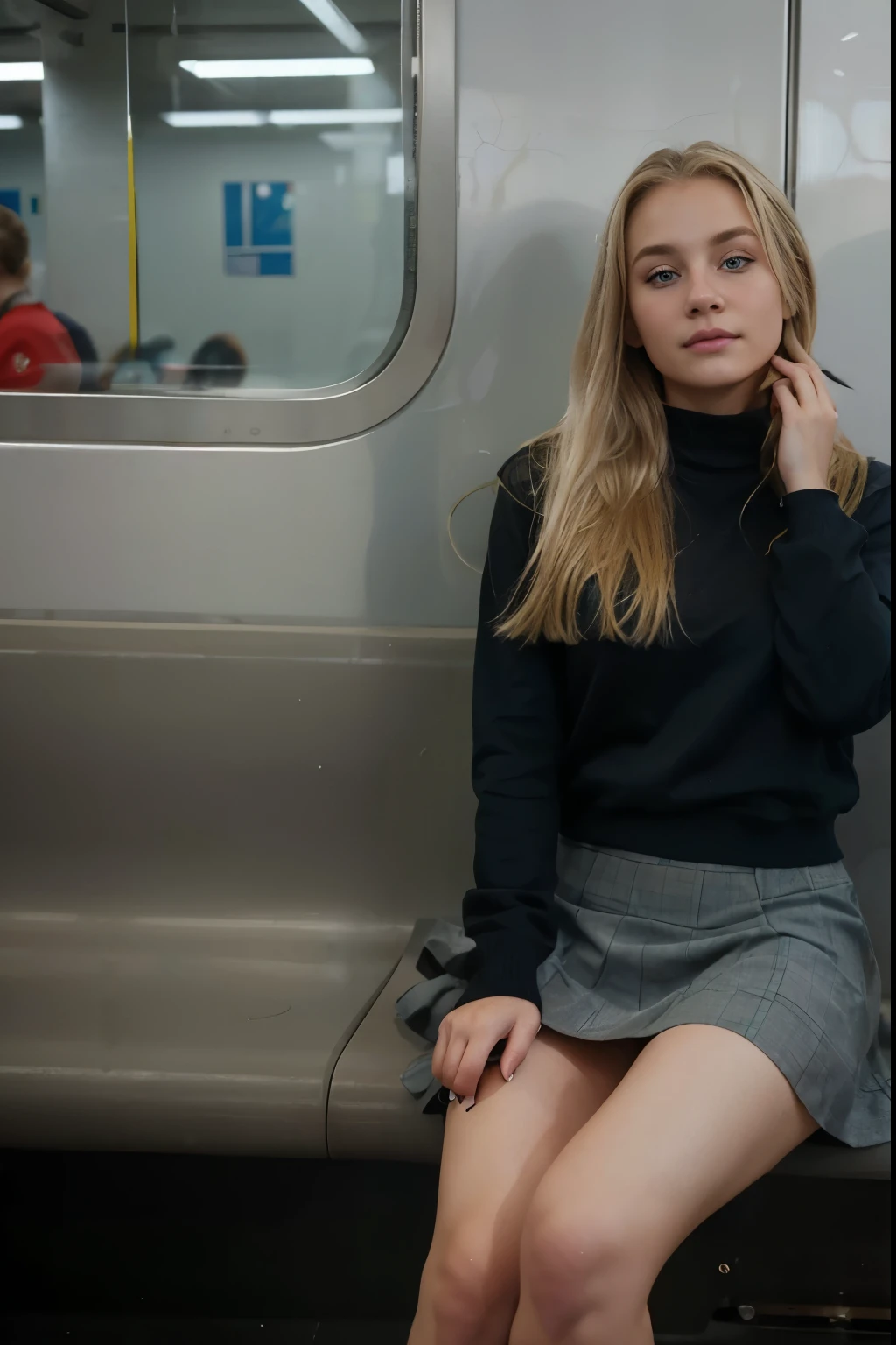 Girl with blonde hair wearing a backpack in a train