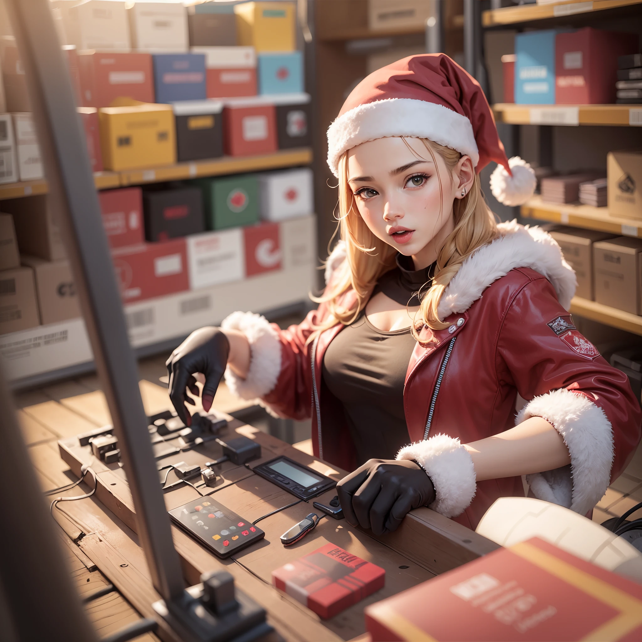 The skillful Santa maneuvered the forklift among the gifts with ease. --auto --s2