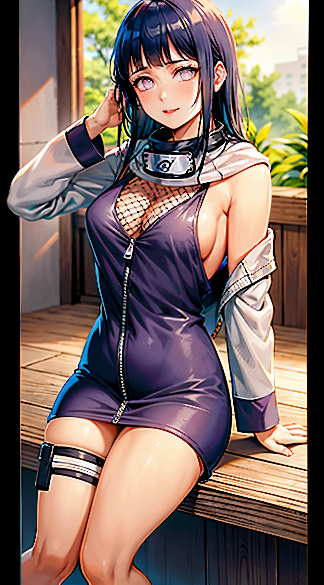 Obra maestra, Altas Resoluciones, alta calidad, Cara detallada, Renderizado detallado del cuerpo, 1girl, solamente, Hyuuga Hinata, Traje sin mangas de Hinata, senos grandes, Pecho grande, Camisa sin mangas, Bigg, Tapa de red, labios oscuros, chaqueta sin cremallera, sin sujetador, pechos hacia fuera, nipslip, En pie, Rubor, (en el dormitorio)