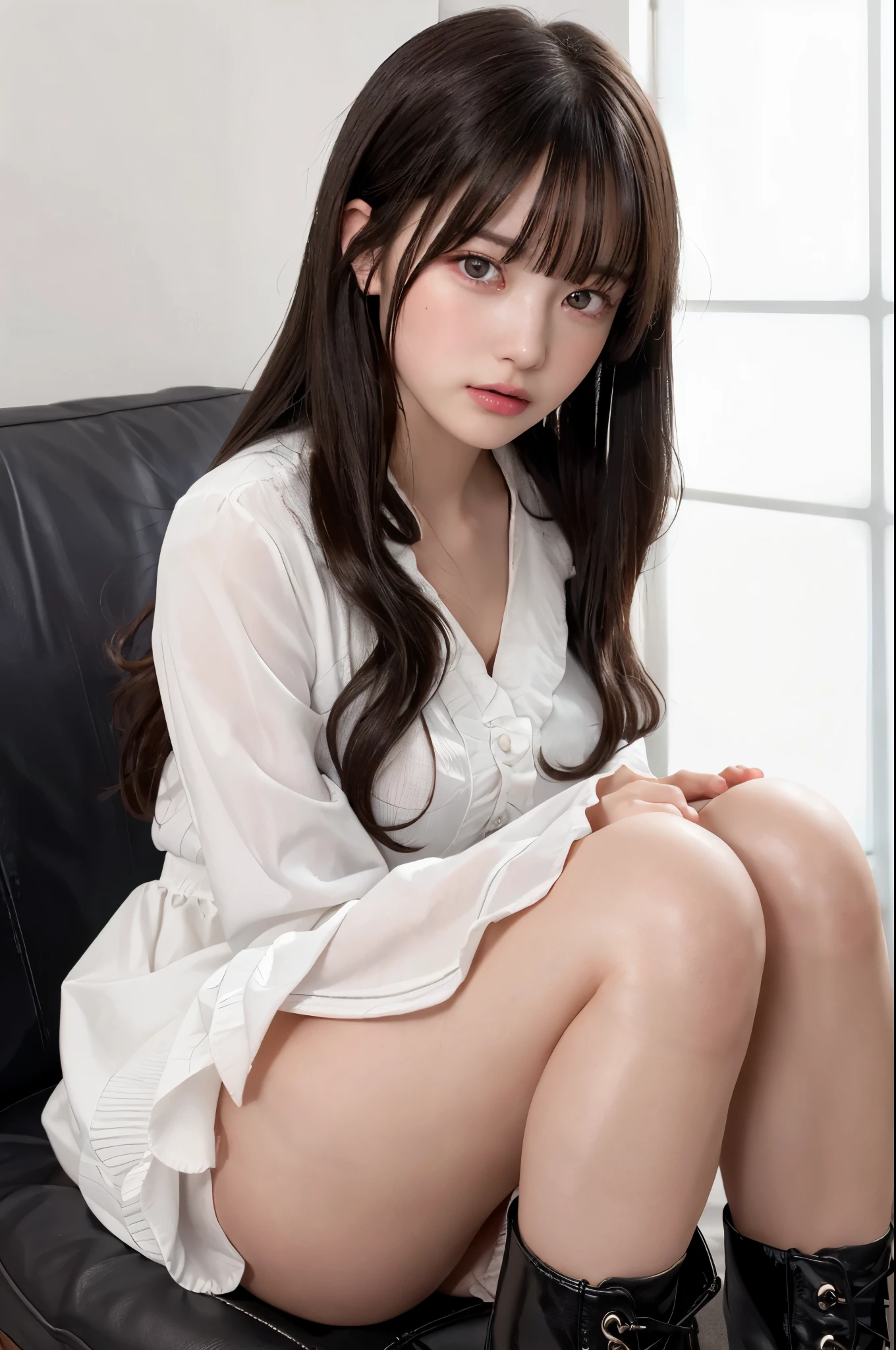 (best quality,high resolution,Beautiful detailed eyes,White lighting:1.2),red eyes, looking at viewer, long hair, black hair, long boots, black footwear, blush, sitting, long sleeves, bangs, parted lips, black hair, dress, knees up, brown hair, white skirt, frills, skirt,thighs, sidelocks,
