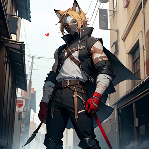 There was an eight-year-old girl with short golden blonde hair, serulean blue eyes, a heart-shaped face with three whisker marks on each of her jaws, dressed in black pants with a bandage wrapped around her left thigh with a sheath of short knives and bandages wrapped around it. the boots of his black sleeveless buso and with a gray anti-flash vest with silver arm protectors and black gloves and a white fox mask with red decoration on one side of his face he was standing on a power pole observing the town with a serious look