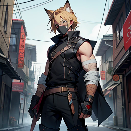 There was an eight-year-old girl with short golden blonde hair, serulean blue eyes, a heart-shaped face with three whisker marks on each of her jaws, dressed in black pants with a bandage wrapped around her left thigh with a sheath of short knives and bandages wrapped around it. the boots of his black sleeveless buso and with a gray anti-flash vest with silver arm protectors and black gloves and a white fox mask with red decoration on one side of his face he was standing on a power pole observing the town with a serious look