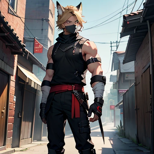 There was an eight-year-old girl with short golden blonde hair, serulean blue eyes, a heart-shaped face with three whisker marks on each of her jaws, dressed in black pants with a bandage wrapped around her left thigh with a sheath of short knives and bandages wrapped around it. the boots of his black sleeveless buso and with a gray anti-flash vest with silver arm protectors and black gloves and a white fox mask with red decoration on one side of his face he was standing on a power pole observing the town with a serious look