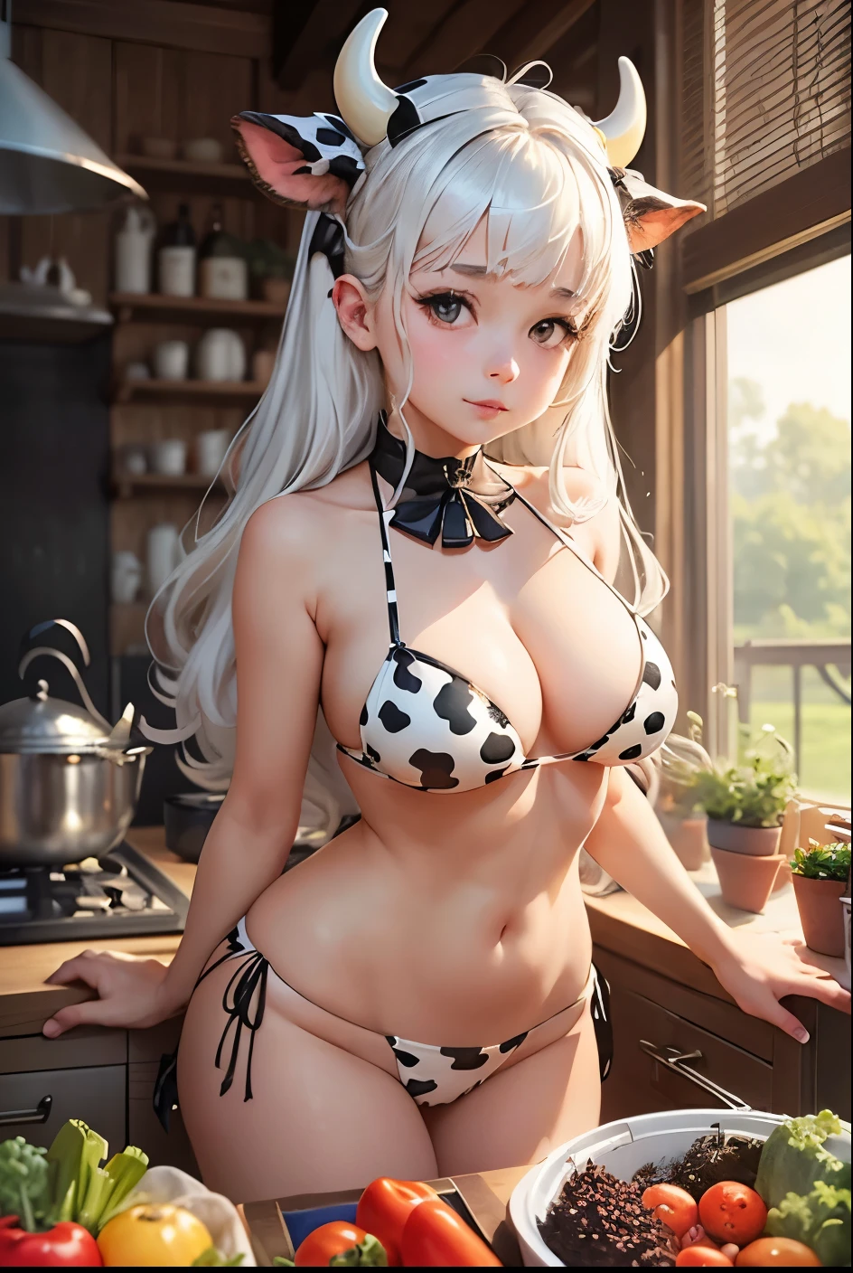 cute girl,Cow, girl dressed as a cow, White hair, bell, Cow horns, cow ears, cow tail, bell, Herbs and vegetables in the background, Like a cow, bikini, Milk, cow