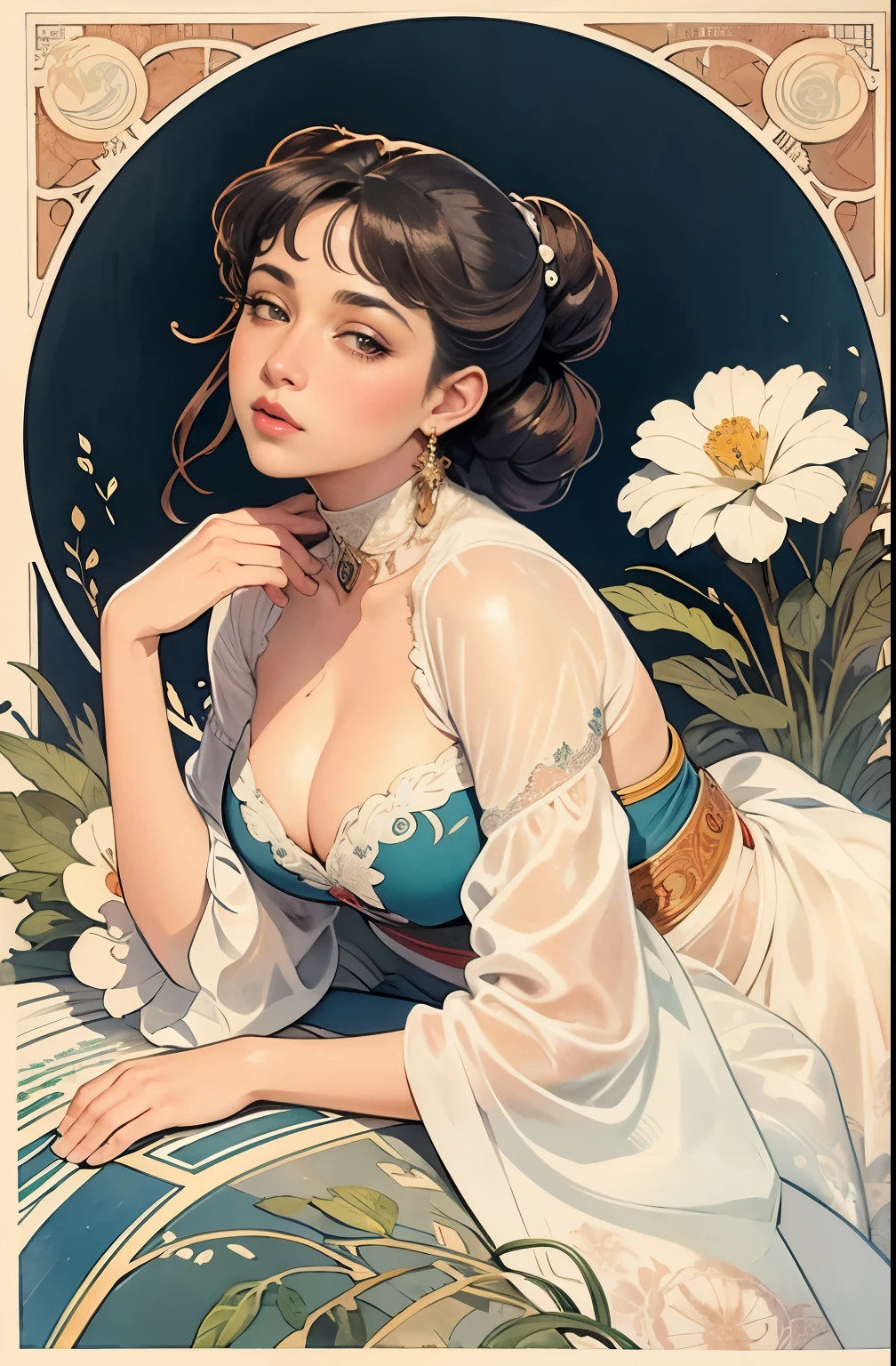 ((masterpiece)), (Best quality at best), (Cinematic),  Art Nouveau, watercolor painting , lunar goddess , mature female, (elder woman), 55 y.o woman, large eyes, Long thick eyelashes, bangs, chubby,  plump lips, dark red eyes, Long hair is thick,  high ponytails, large breasts, cleavage, floral_background, Intricate designs and patterns in the style of Alphonse Mucha.