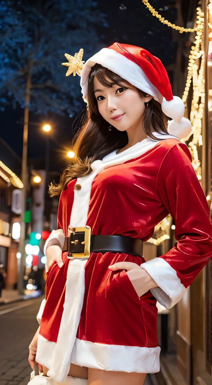 (Highly detailed CG Unity 8k wallpaper, top quality, ultra-detailed, high resolution, masterpiece, realistic, photorealistic:1.5), (cute Japanese girl), extremely detailed face, face focus, beautiful detailed eyes, eye focus, (detailed background), detailed clothes, super detailed skin, (wearing adorable Santa costume:1.5), (only the panties corner is visible:1.4), (winter night city background:1.5), midi wavy hair, brown hair, floating hair, medium breast, medium ass, (make up), (adorable smile:1.3), (POV:1.6),