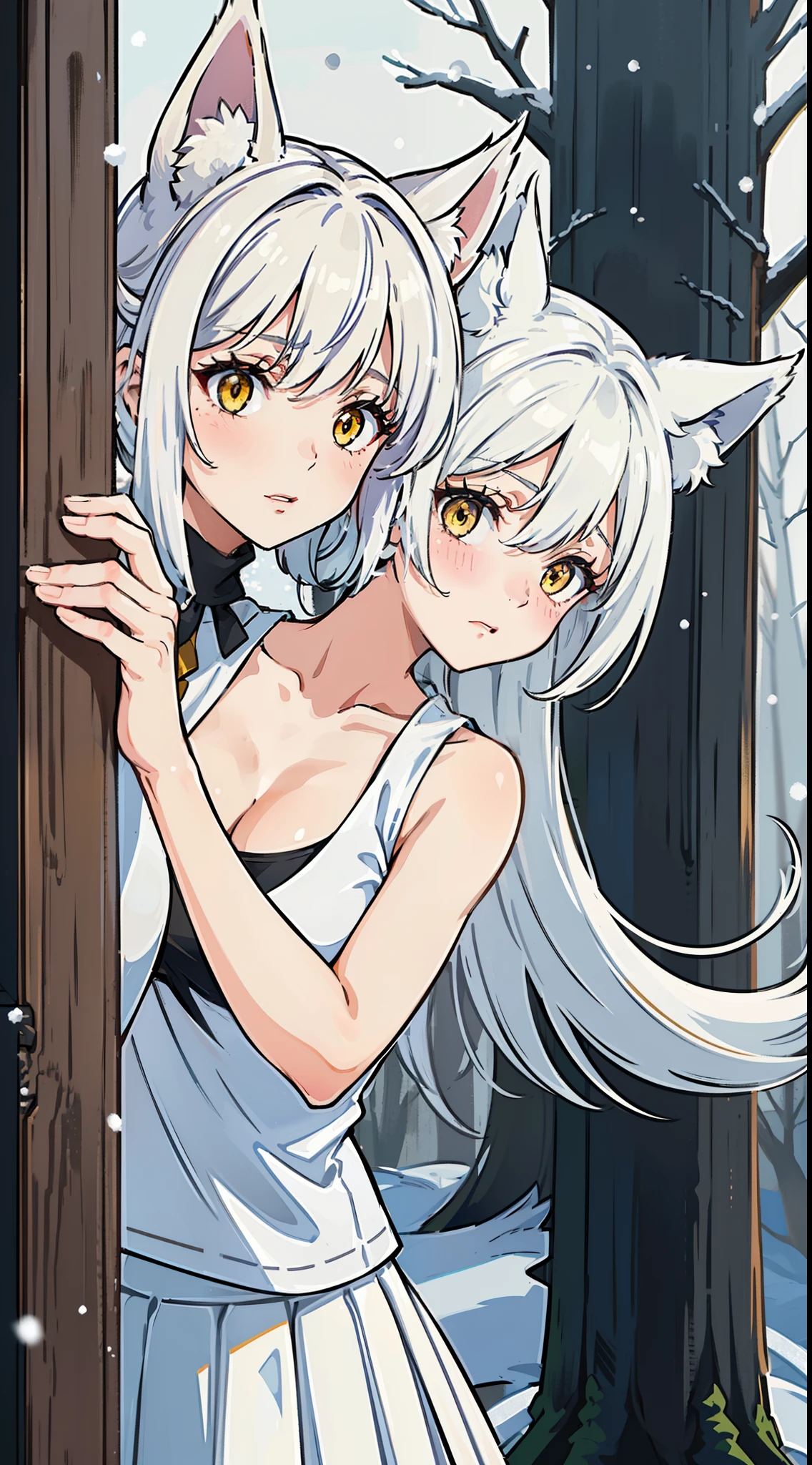 1girl,solo,medium breasts,mature female,((white sleeveless and shoulderless t-shirt,cleavage)),(((white pleated skirt))),silver hair,long hair,yellow eyes,fox ears,((snow,in forest)), blush, peeking out upper body,scared