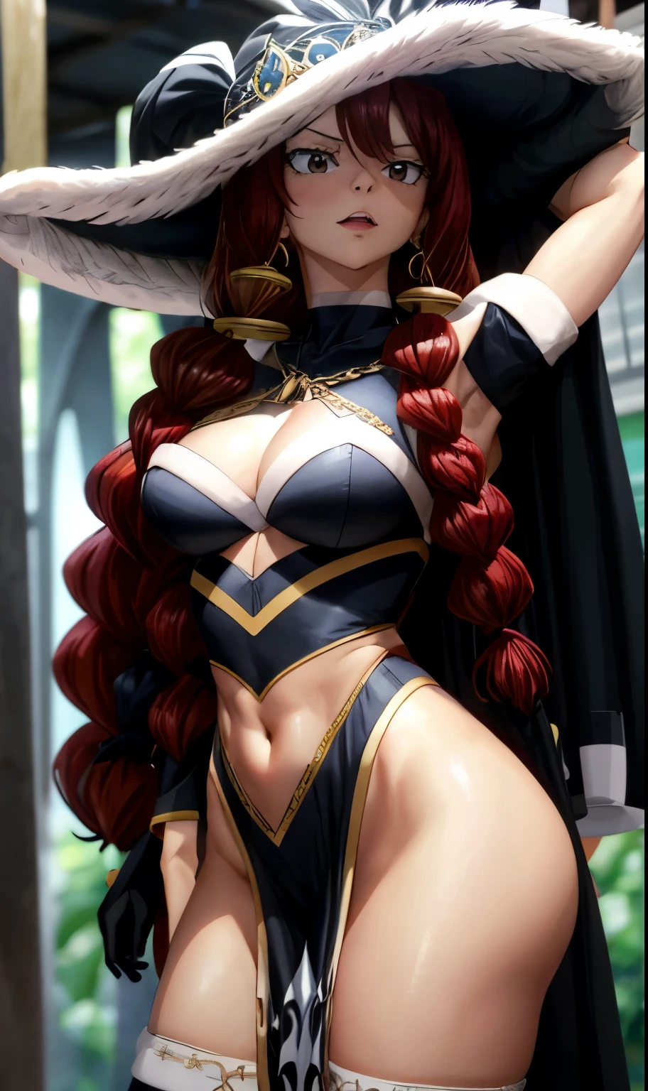 anime fairy tail, personaje Irene, cabello rojo con dos colas, pecho grande, trasero grande, Curvaceous Body, rostro hermoso o atractiva, vestimenta de una hechicera, un sombrero de hechicera, ojos hermosos, buena calidad, 4k. cuerpo de una mujer adulta, with good physique, atractiva con buena figura., calidad 4k. cuerpo o figura atractivo, mujer madura.