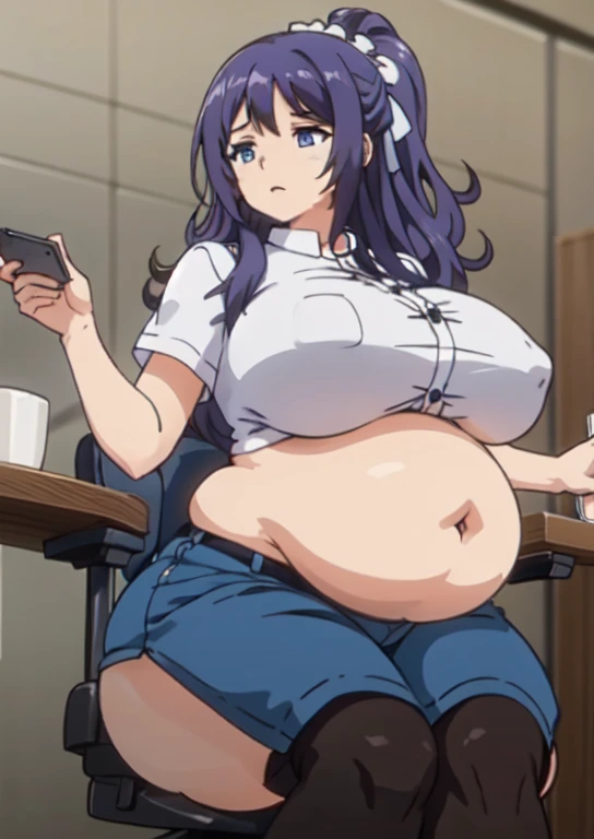 (masterpiece, best quality), 1girls, big belly, blurry background, huge belly, art by kipteitei, round belly, chubby, curvy, white button-up shirt, skirt, thighhighs, simple_background, gradient_background, belly bursting out of shirt, belly grab, enormous belly, fat belly, thicc, bigger belly, sitting on chair, really big belly, jiggly belly, shirt covering belly, belly cover by shirt