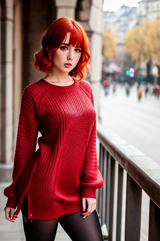 dresed Retro Loose Sweater with nike pro tights , french bob hair, red hair, in istanbu  (best quality) (detailed) (8k) (HDR) (sun lighting) (sharp focus) (realistic)