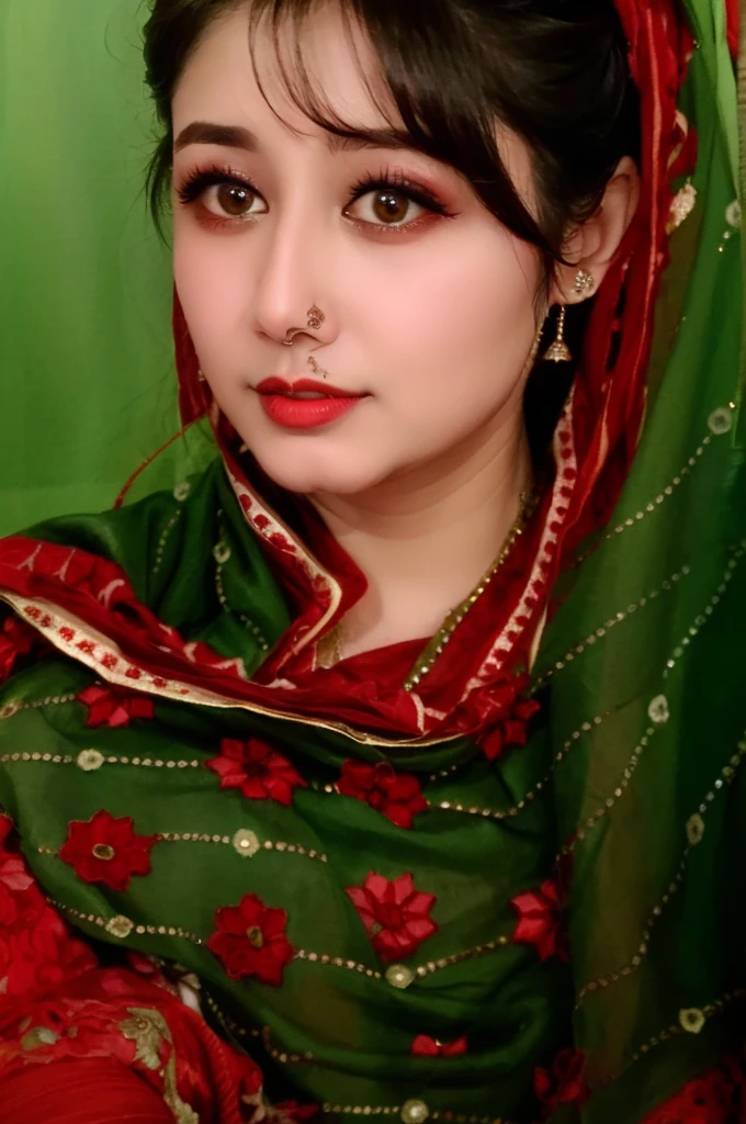 arafed woman in a red shawl with a green background, traditional beauty, very very low quality picture, old picture, with lovely look, candid picture, picture, with accurate face, faridah malik, very very very beautifull face, portait photo profile picture, profile pic, very clear picture, inspired by Riza Abbasi, profile image